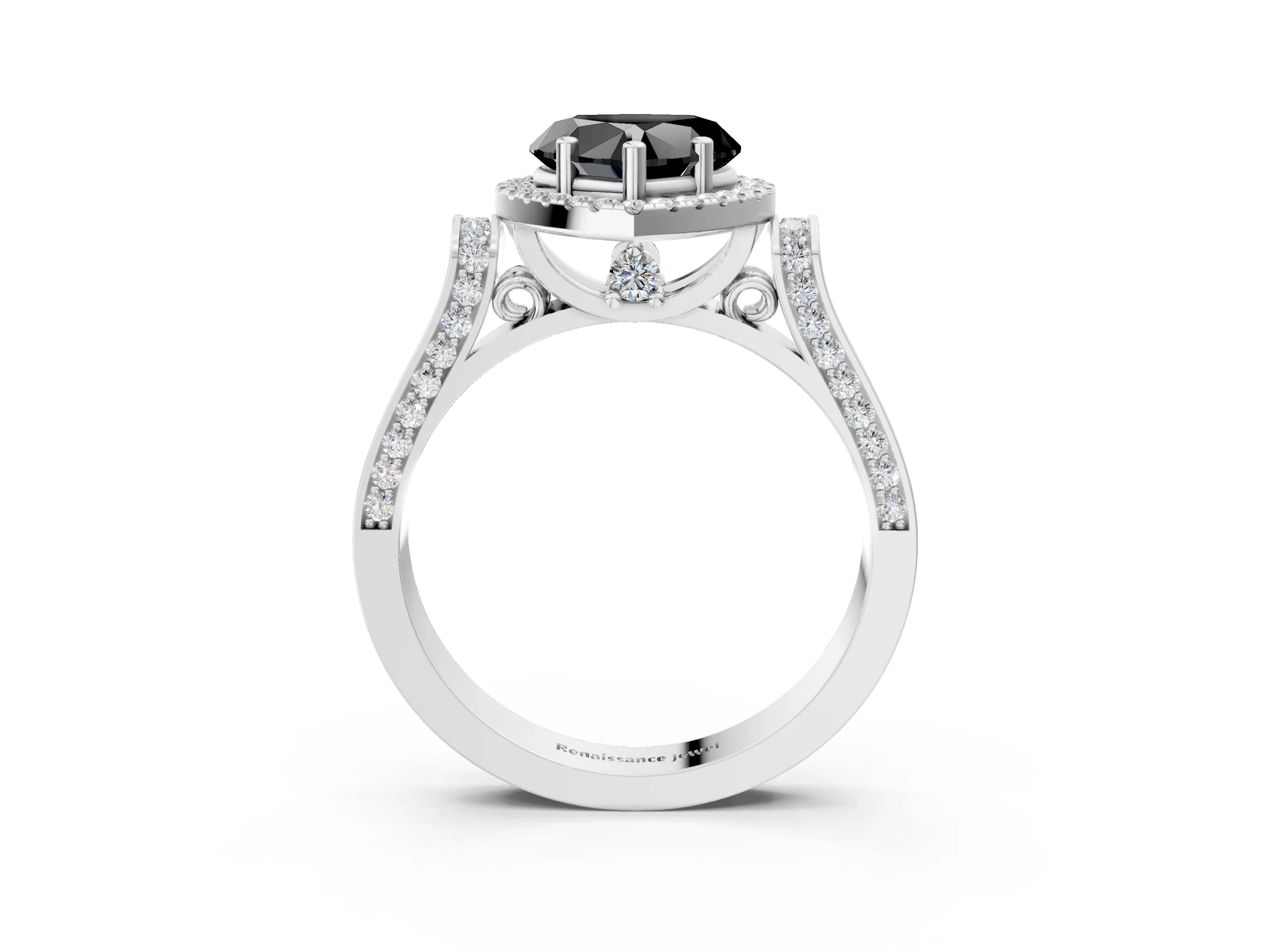 White gold Fancy Black Heart Cut Halo Round Diamond Twist Band with Four-Prong Setting_3