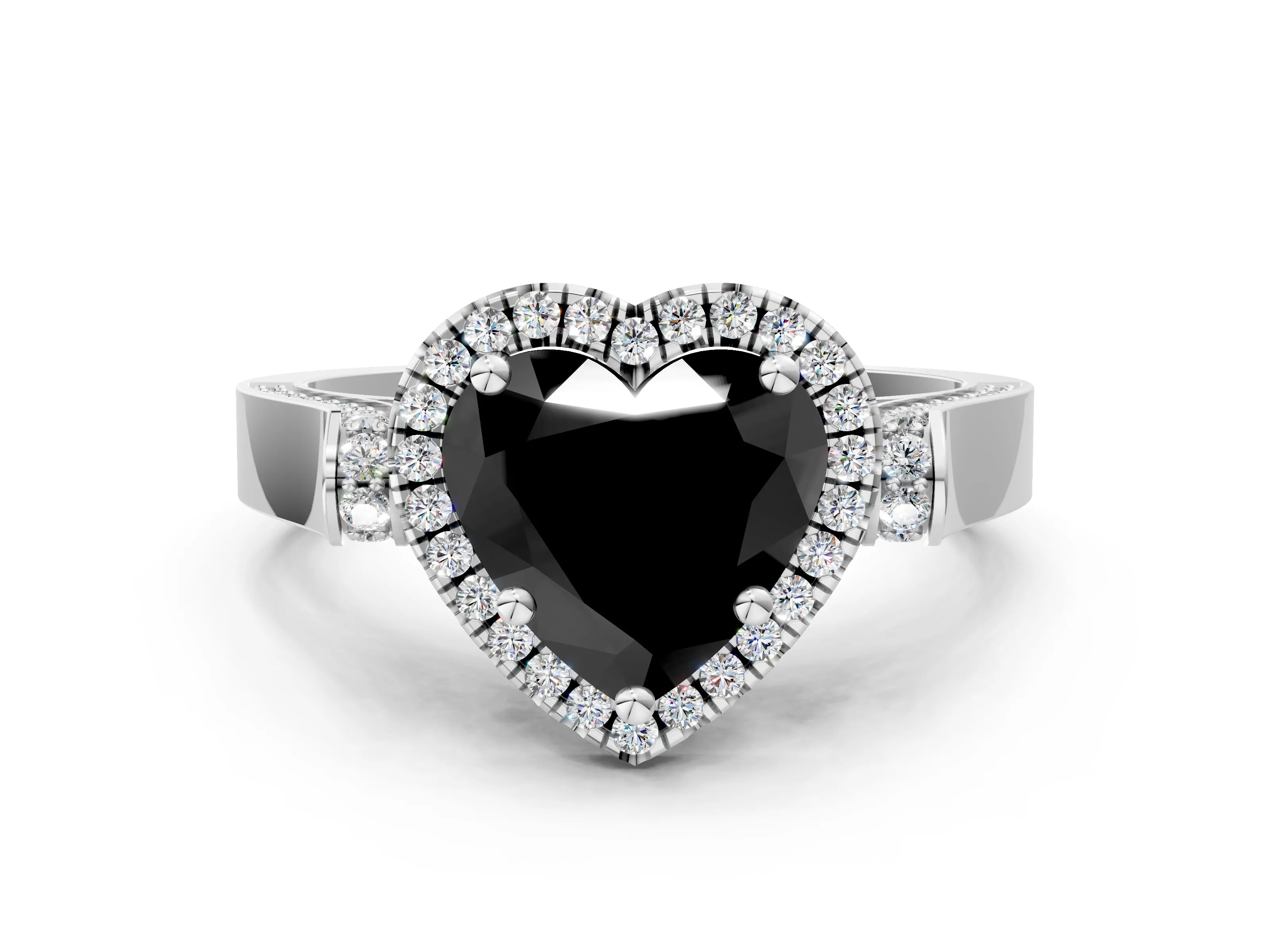 White gold Fancy Black Heart Cut Halo Round Diamond Twist Band with Four-Prong Setting