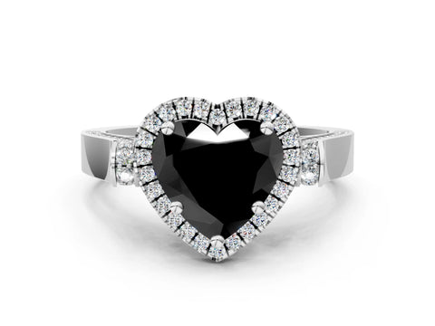 White gold Fancy Black Heart Cut Halo Round Diamond Twist Band with Four-Prong Setting