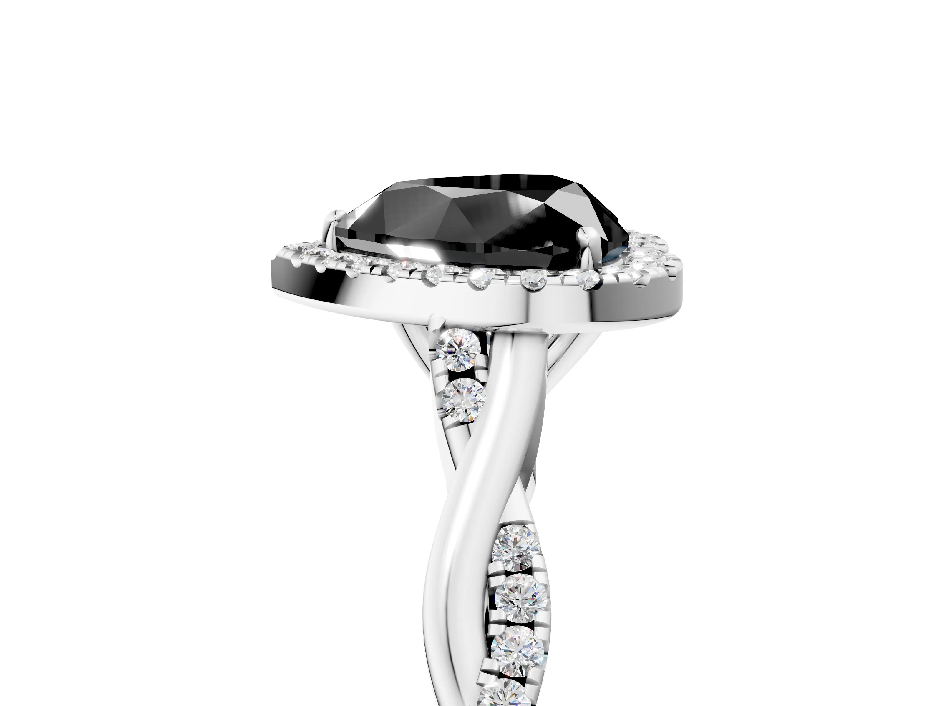 White gold Fancy Black Heart Cut Halo Twist Band with Four-Prong Setting_5