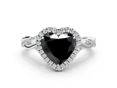 White gold Fancy Black Heart Cut Halo Twist Band with Four-Prong Setting