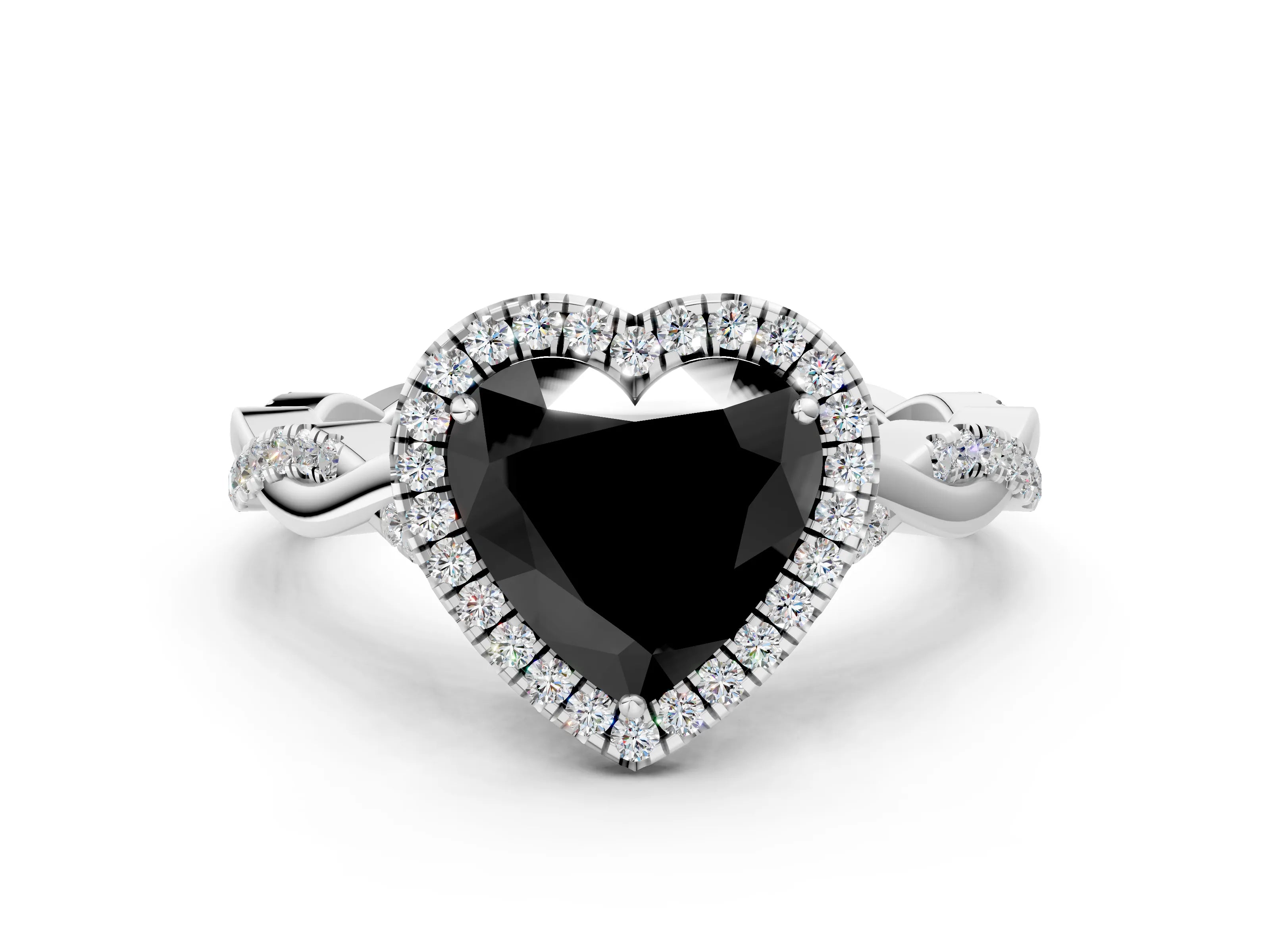 White gold Fancy Black Heart Cut Halo Twist Band with Four-Prong Setting_84