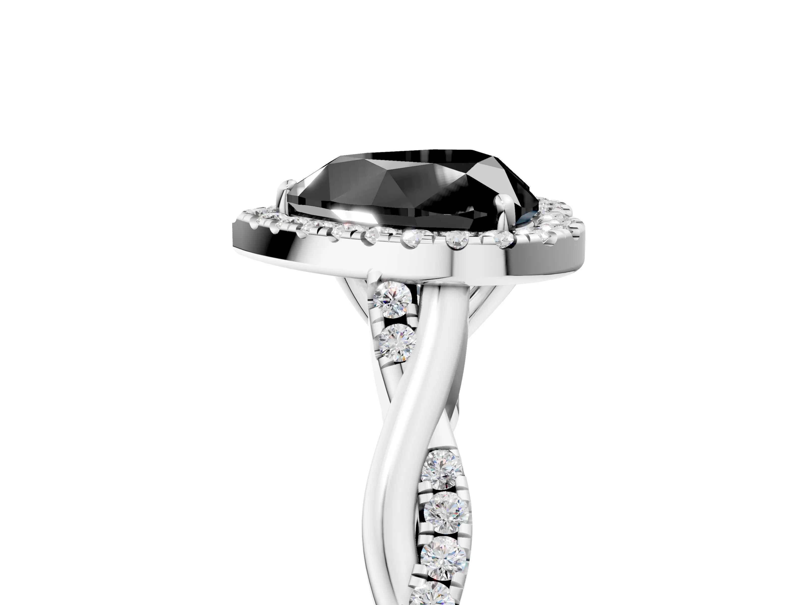 White gold Fancy Black Heart Cut Halo Twist Band with Four-Prong Setting_89