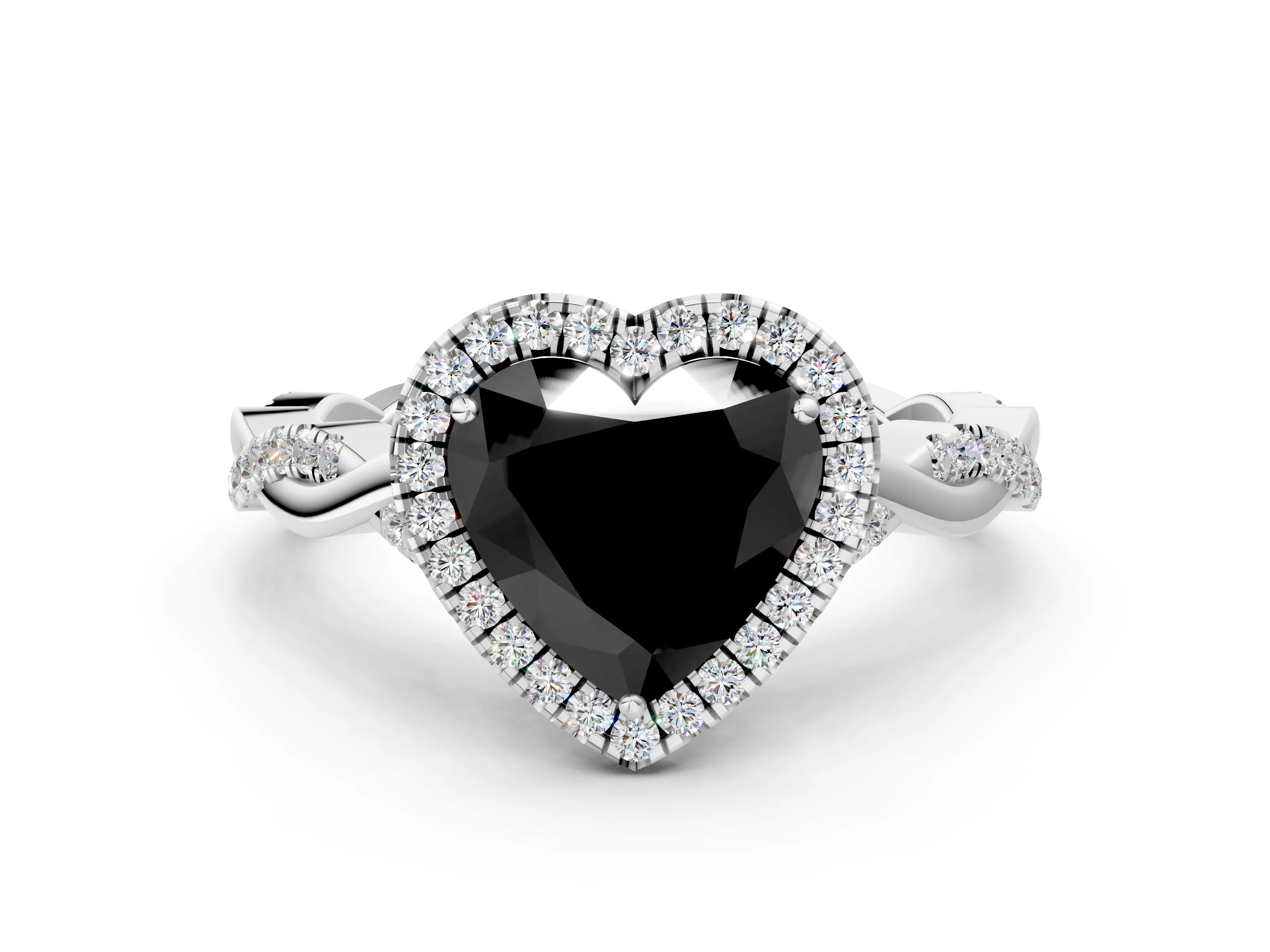 White gold Fancy Black Heart Cut Halo Twist Band with Four-Prong Setting_90