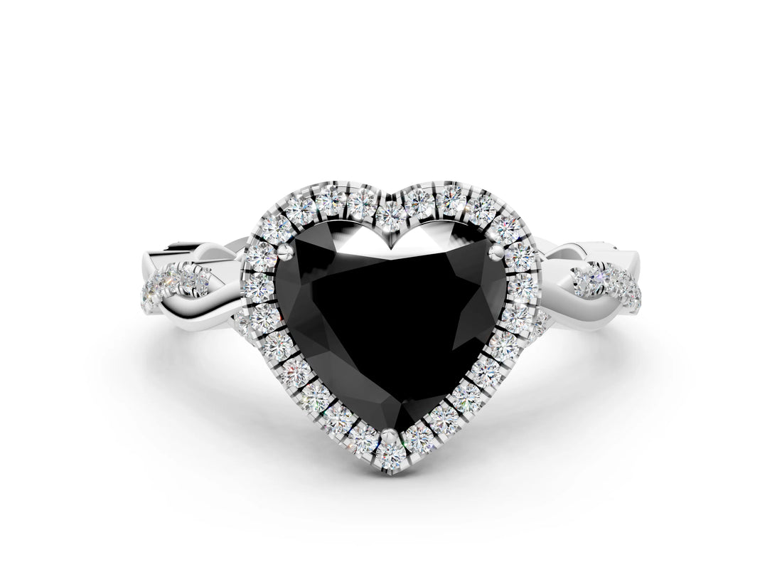 White gold Fancy Black Heart Cut Halo Twist Band with Four-Prong Setting_90