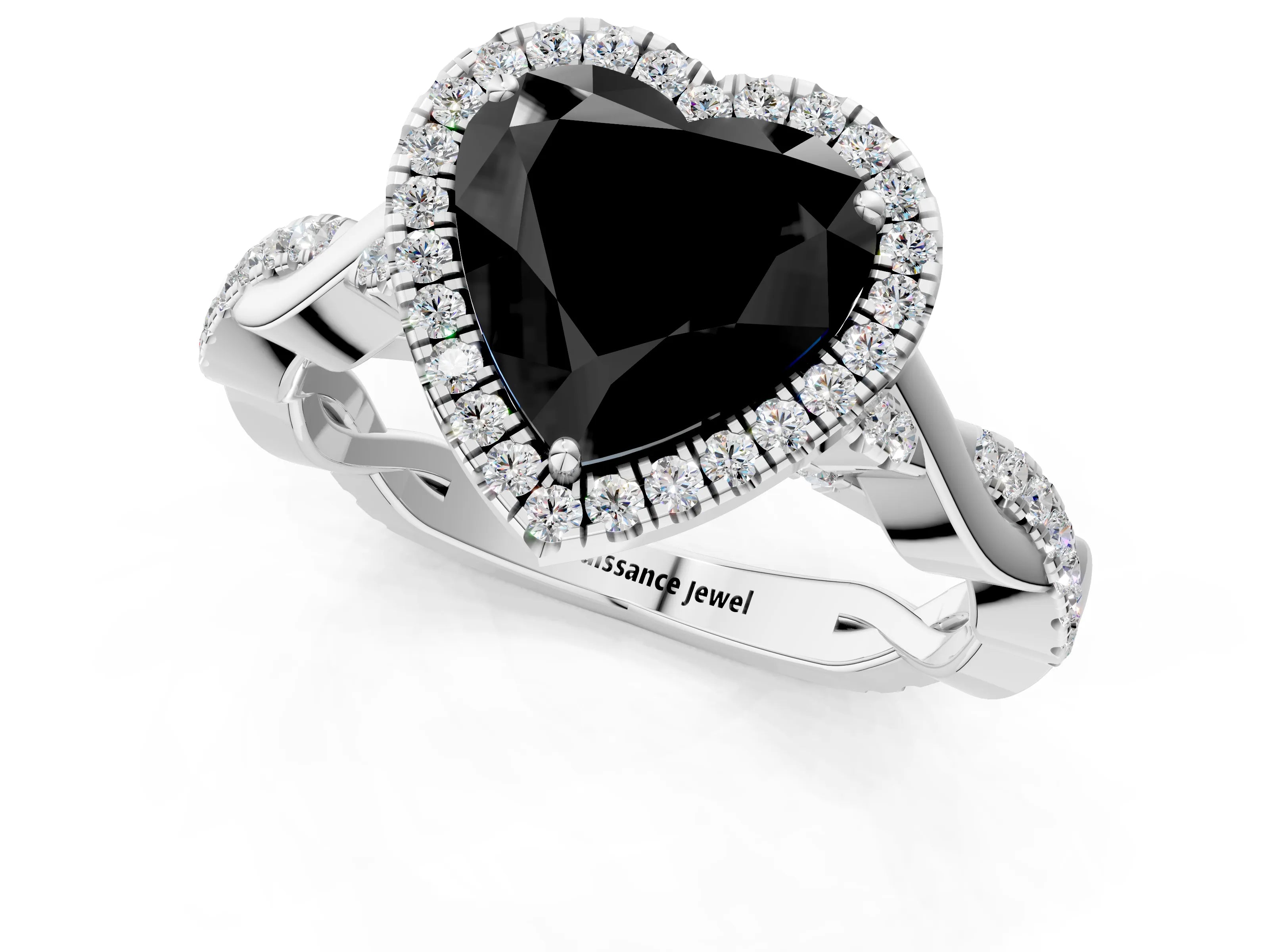 White gold Fancy Black Heart Cut Halo Twist Band with Four-Prong Setting_91