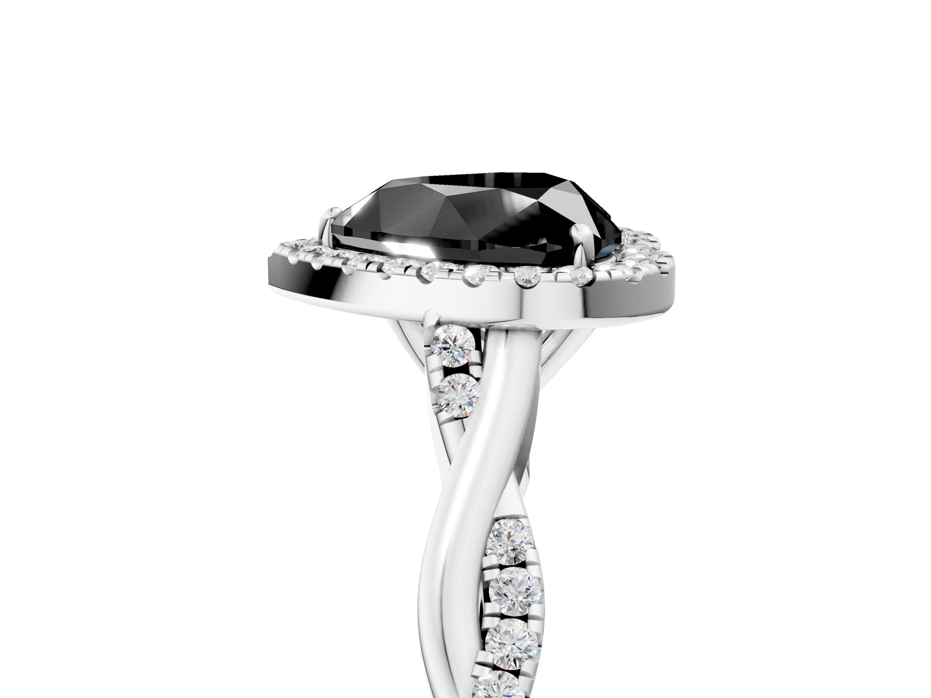 White gold Fancy Black Heart Cut Halo Twist Band with Four-Prong Setting_95