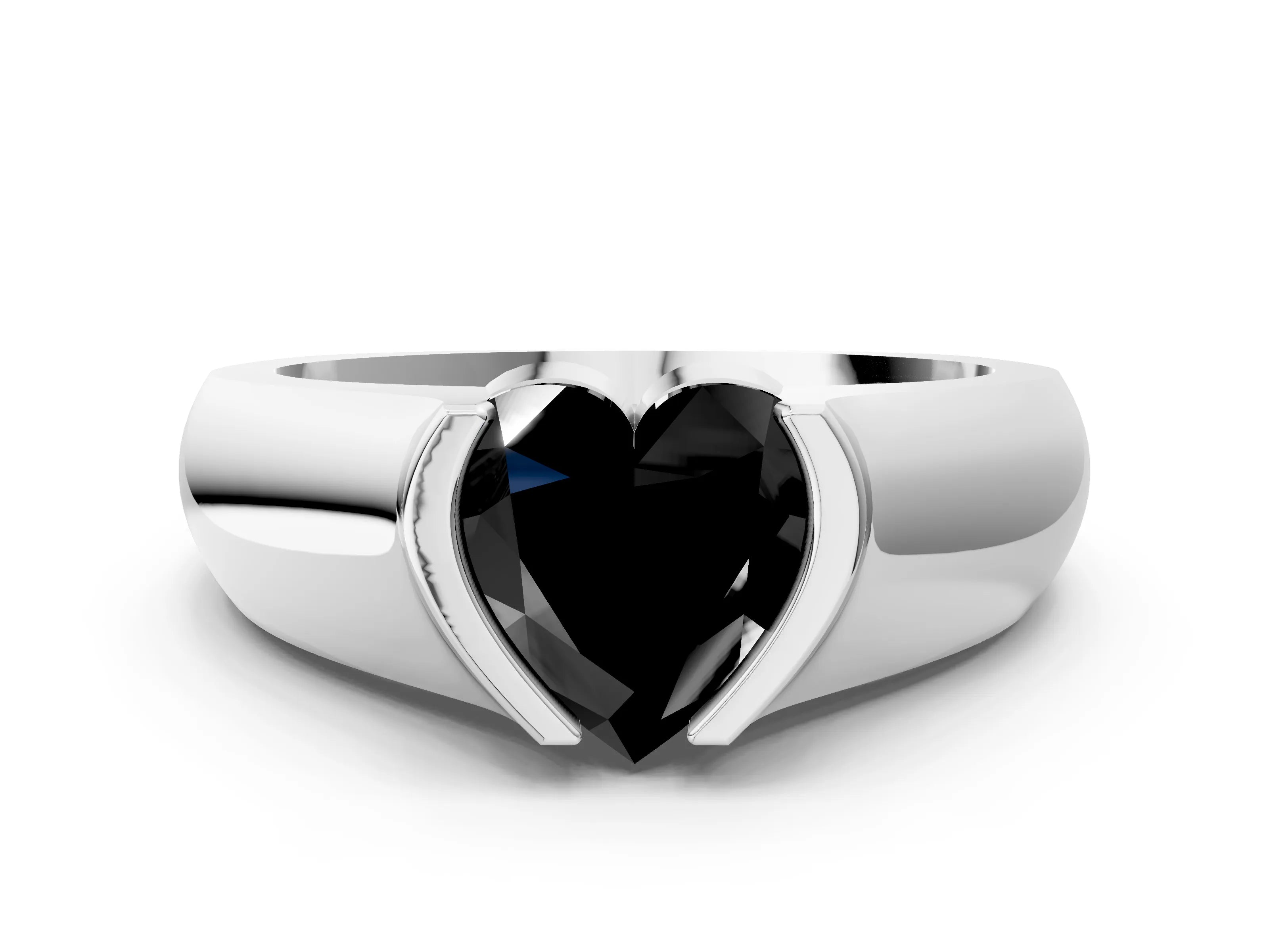 White gold Fancy Black Heart Cut Solitaire Bezel Set Diamond Ring with Wide Band
