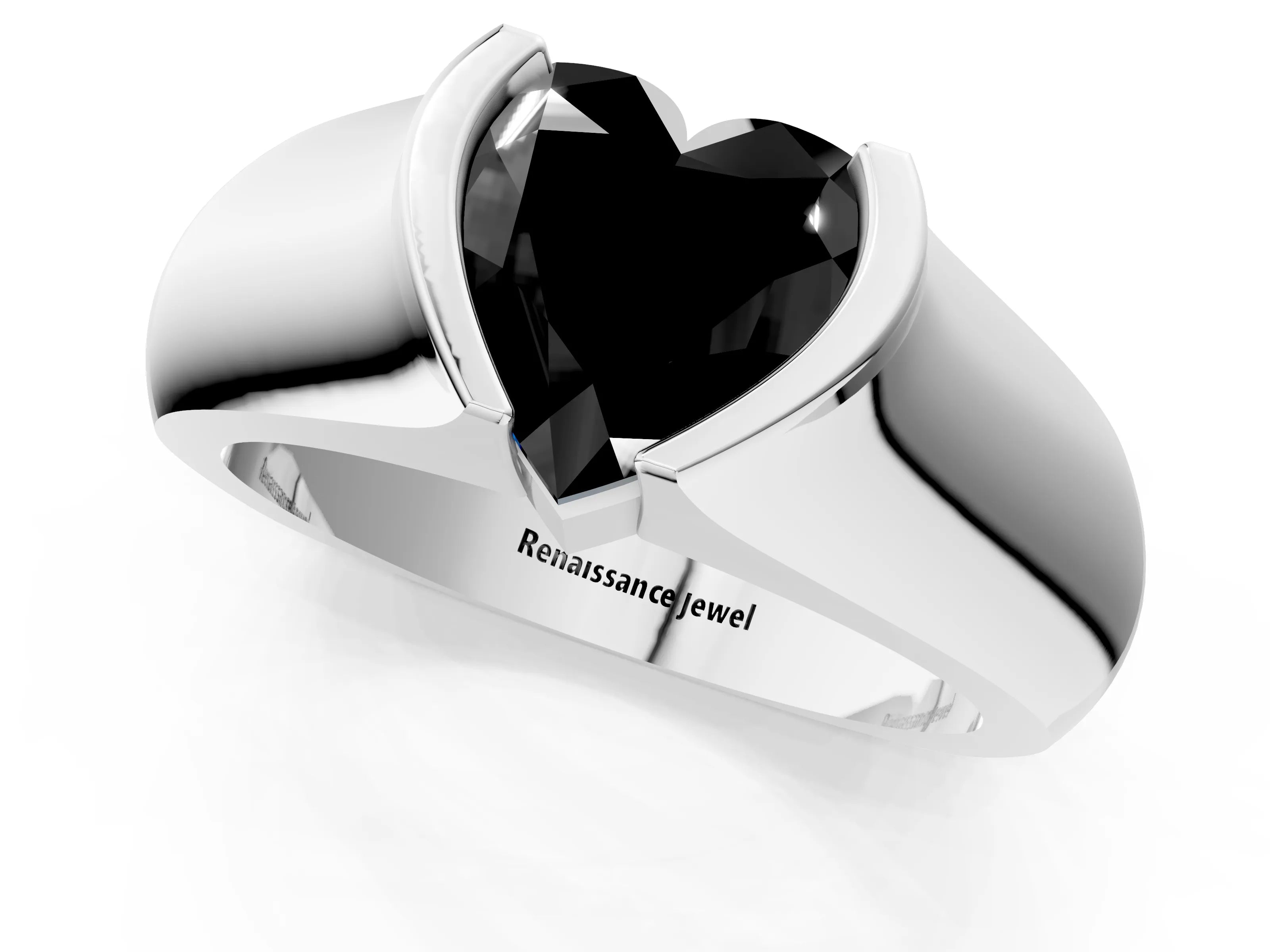 White gold Fancy Black Heart Cut Solitaire Bezel Set Diamond Ring with Wide Band_1