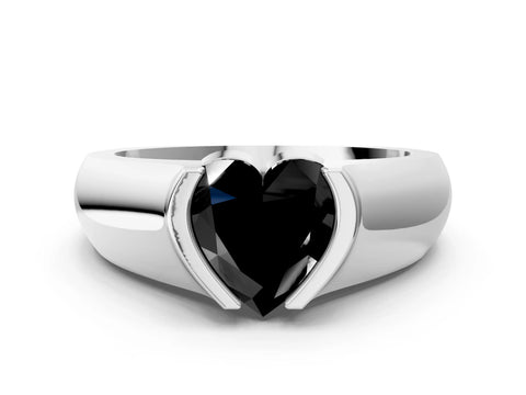 White gold Fancy Black Heart Cut Solitaire Bezel Set Diamond Ring with Wide Band