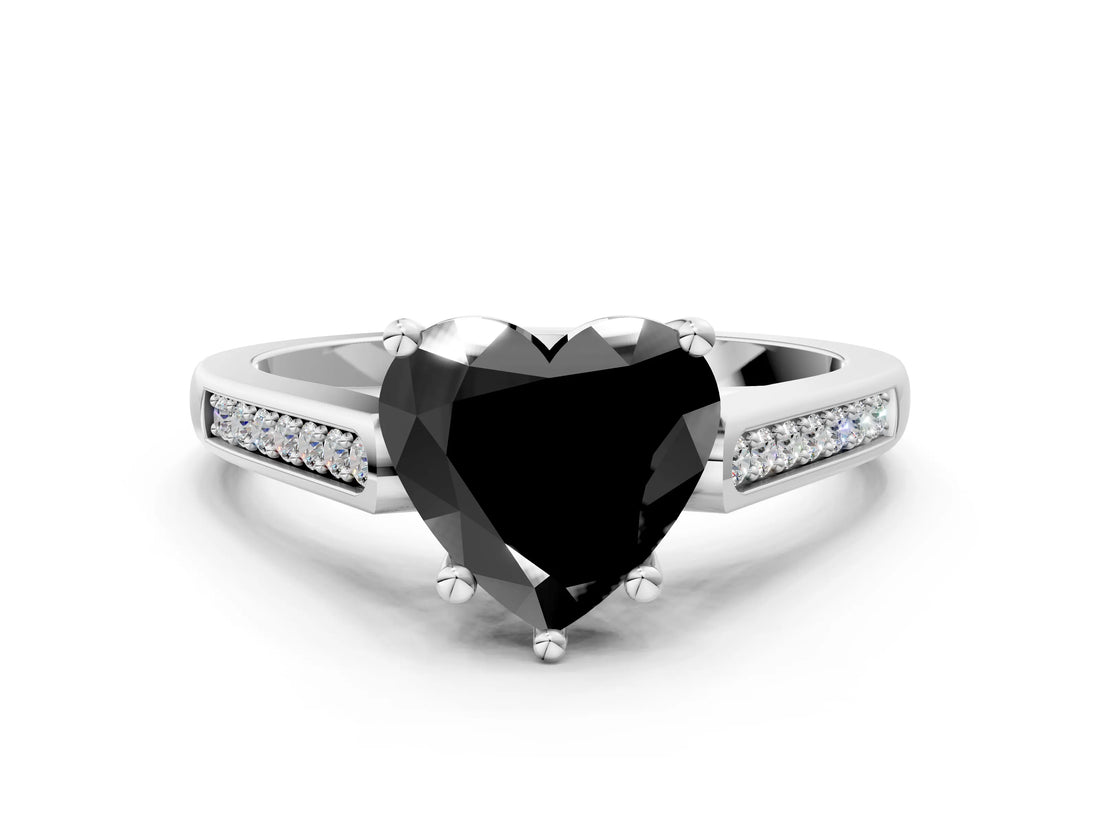 White gold Fancy Black Heart Cut Solitaire Cathedral Diamond Engagement Ring with Channel-Set Band and Four-Prong Setting_15