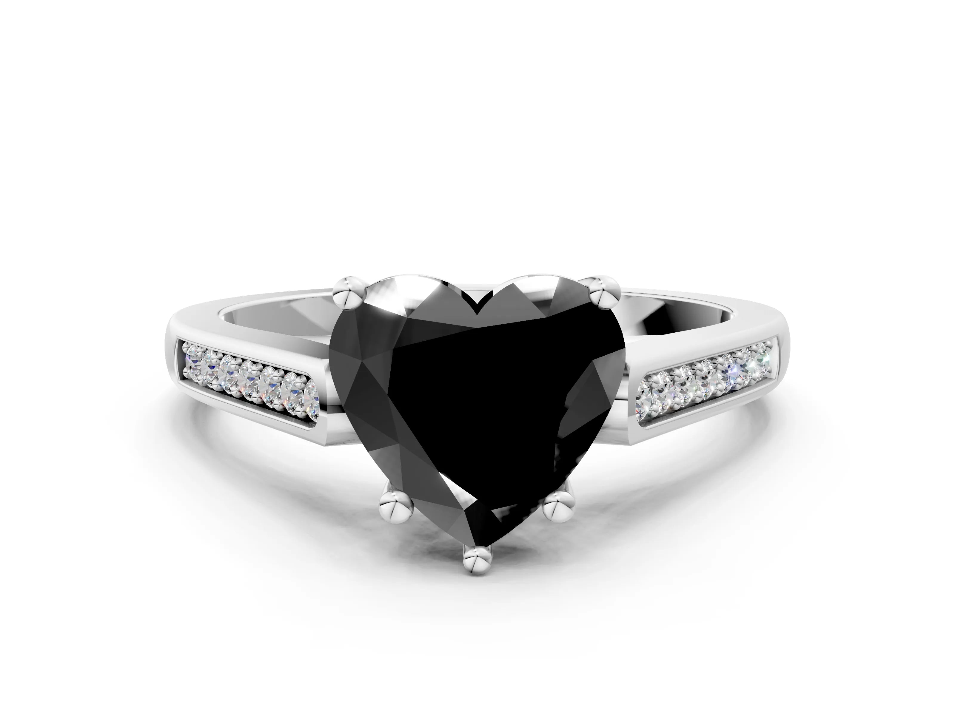 White gold Fancy Black Heart Cut Solitaire Cathedral Diamond Engagement Ring with Channel-Set Band and Four-Prong Setting_15