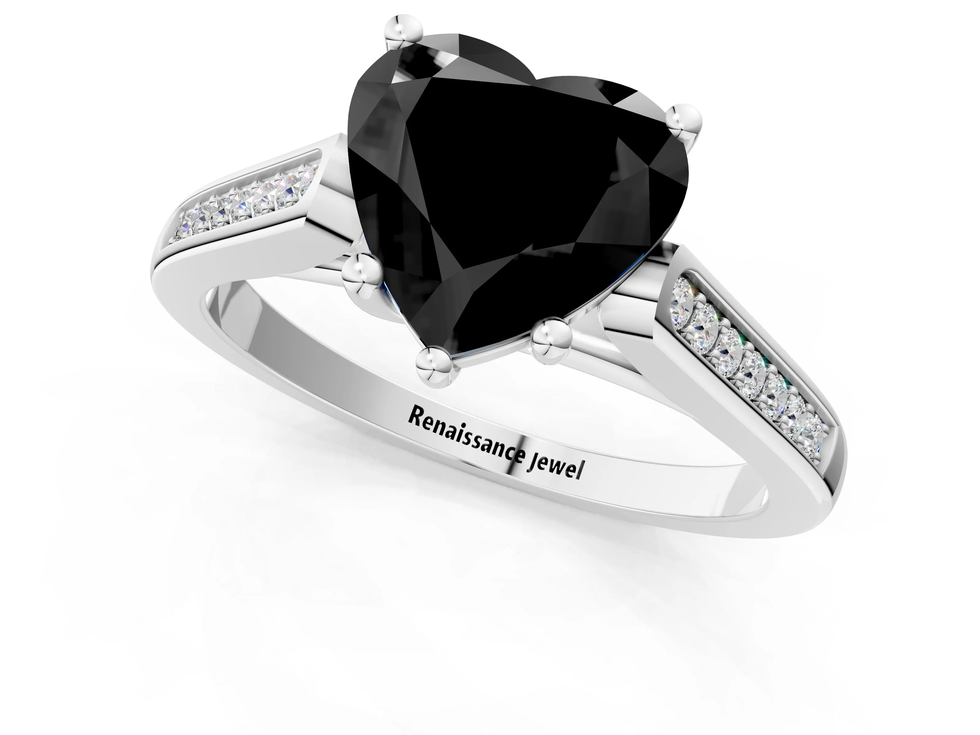 White gold Fancy Black Heart Cut Solitaire Cathedral Diamond Engagement Ring with Channel-Set Band and Four-Prong Setting_16
