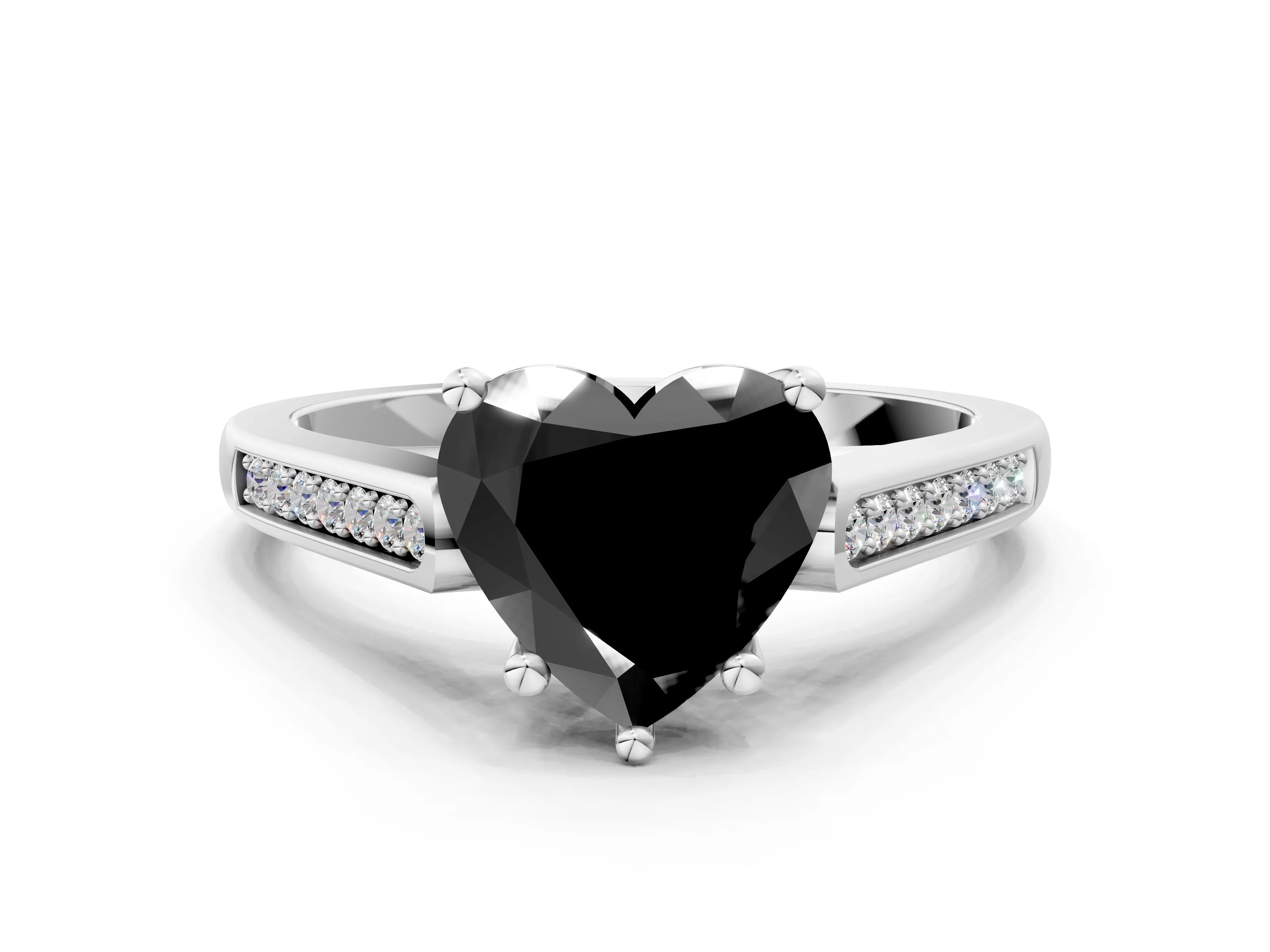 White gold Fancy Black Heart Cut Solitaire Cathedral Diamond Engagement Ring with Channel-Set Band and Four-Prong Setting_3