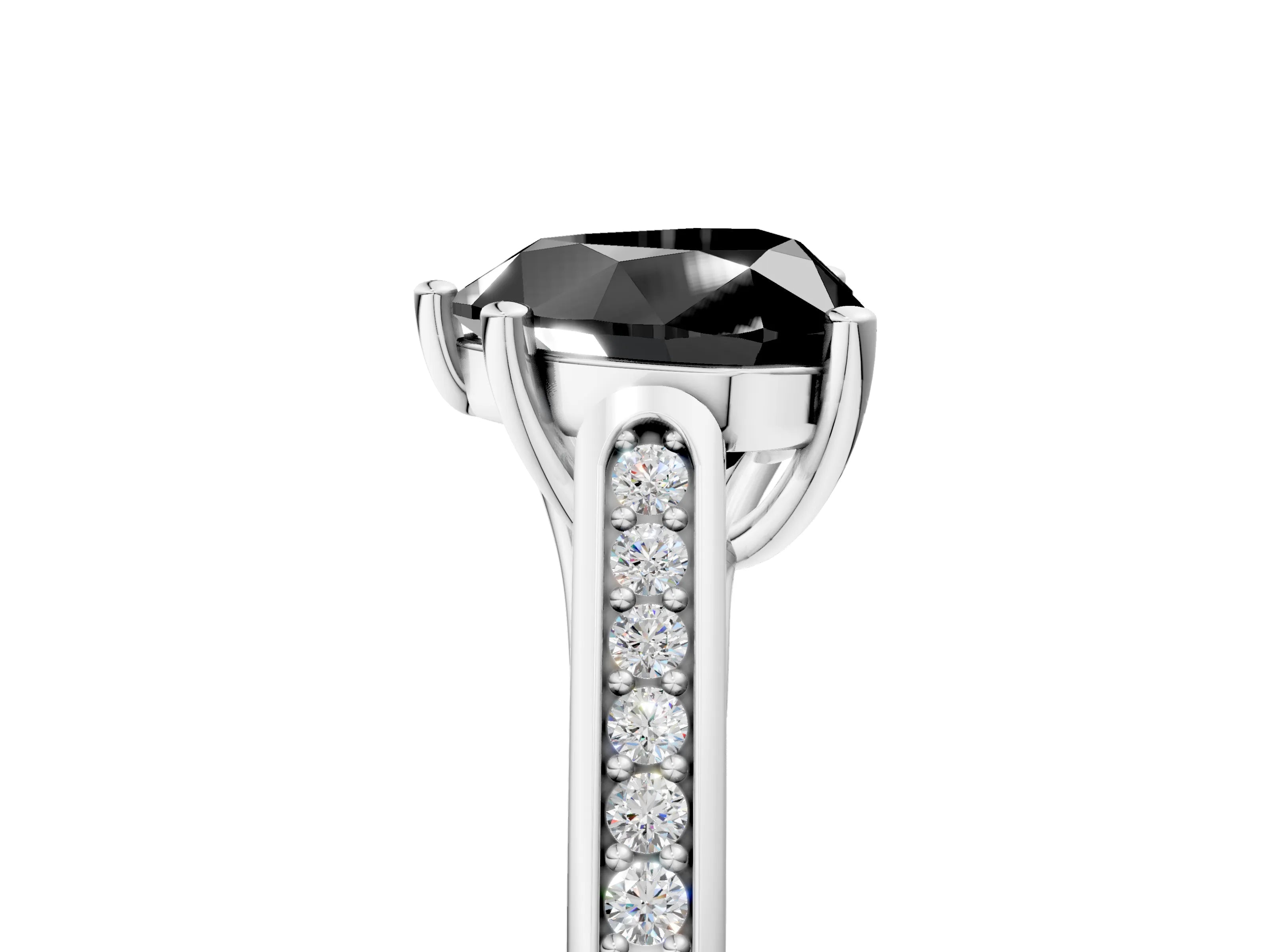 White gold Fancy Black Heart Cut Solitaire Cathedral Diamond Engagement Ring with Channel-Set Band and Four-Prong Setting_8