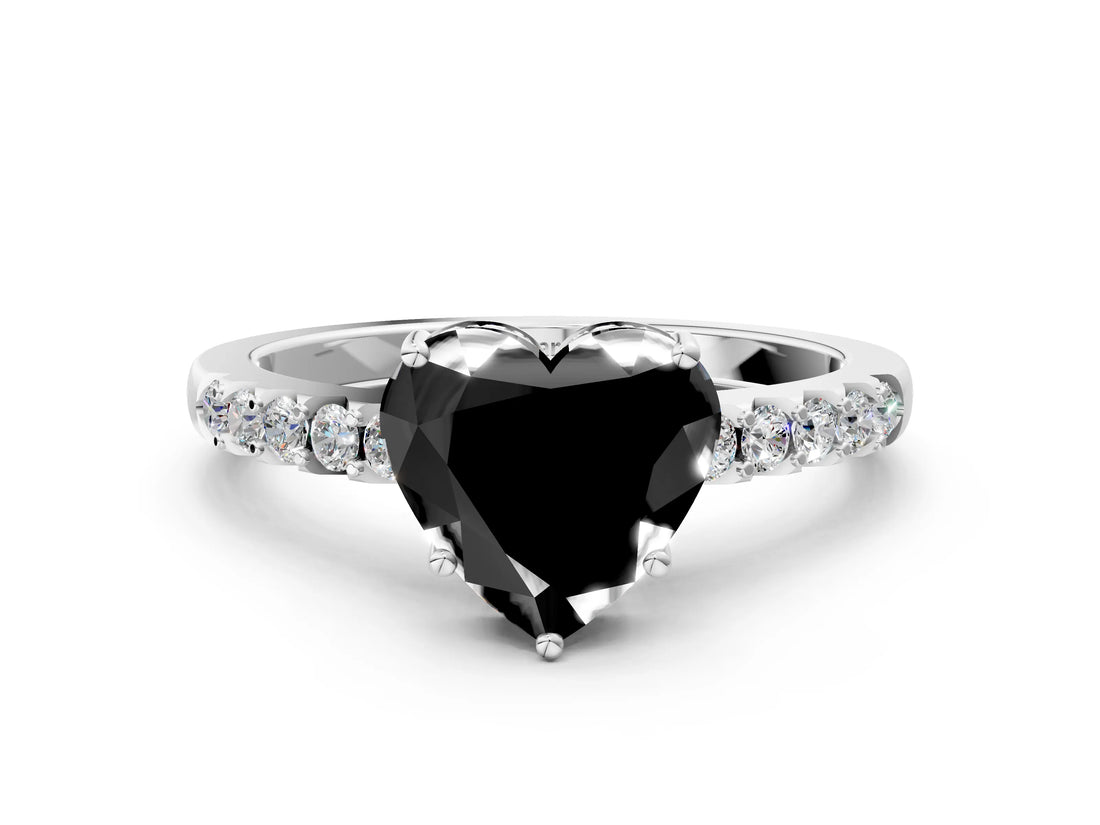 White gold Fancy Black Heart Cut Solitaire Diamond Engagement Ring with Pavé Band and Six-Prong Setting_24