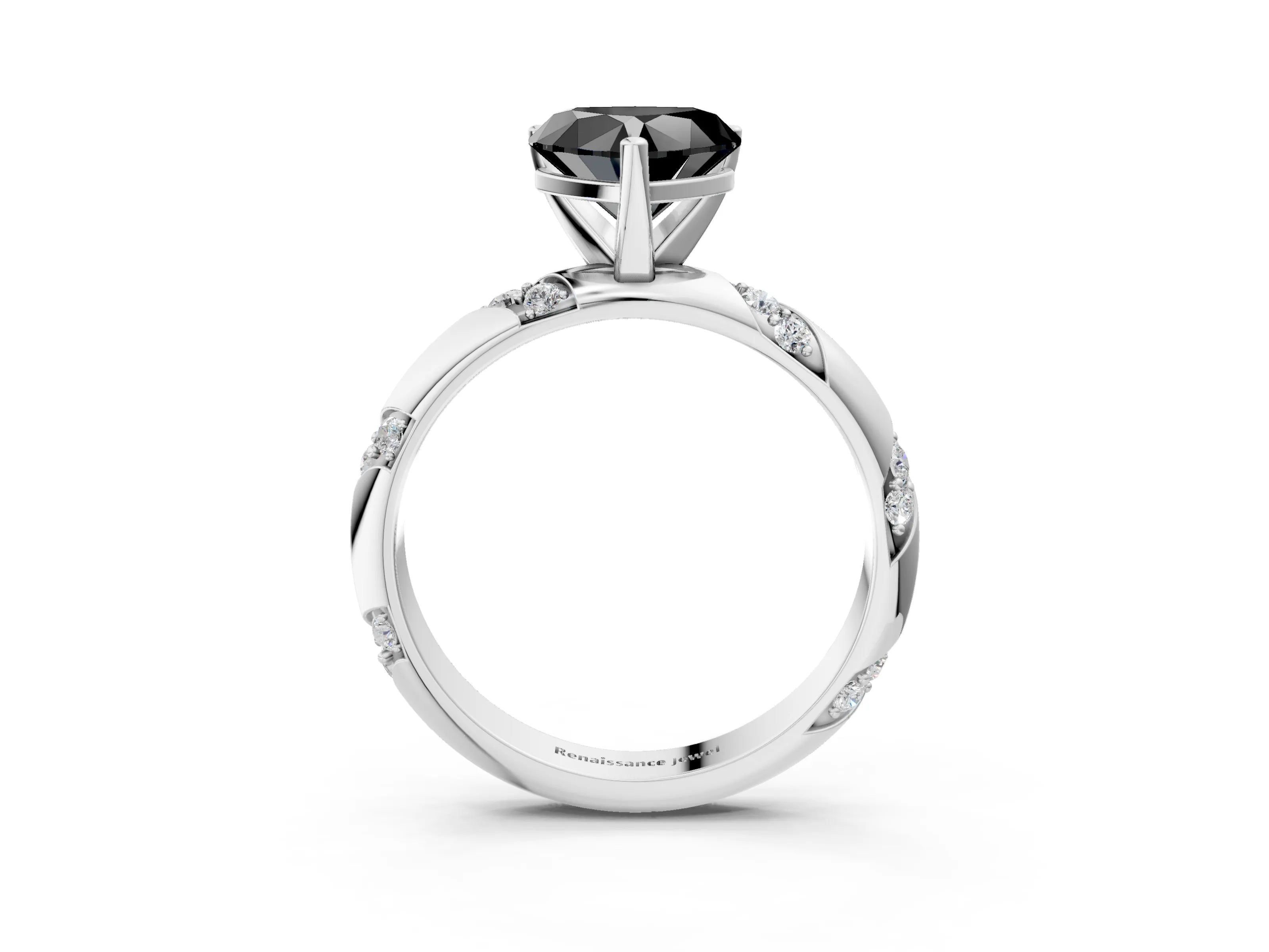 White gold Fancy Black Heart Cut Solitaire Diamond Engagement Ring with Twisted Pave Band and Four-Prong Setting_22