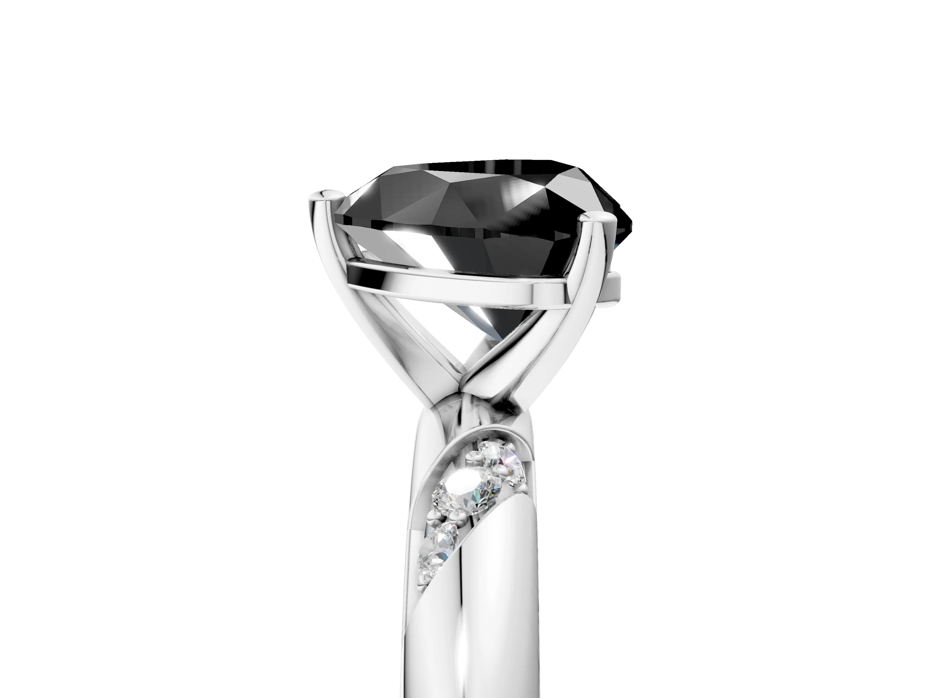 White gold Fancy Black Heart Cut Solitaire Diamond Engagement Ring with Twisted Pave Band and Four-Prong Setting_24