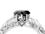 White gold Fancy Black Heart Cut Solitaire Diamond Leaf-Inspired Vine Band Ring with Prong Setting_4
