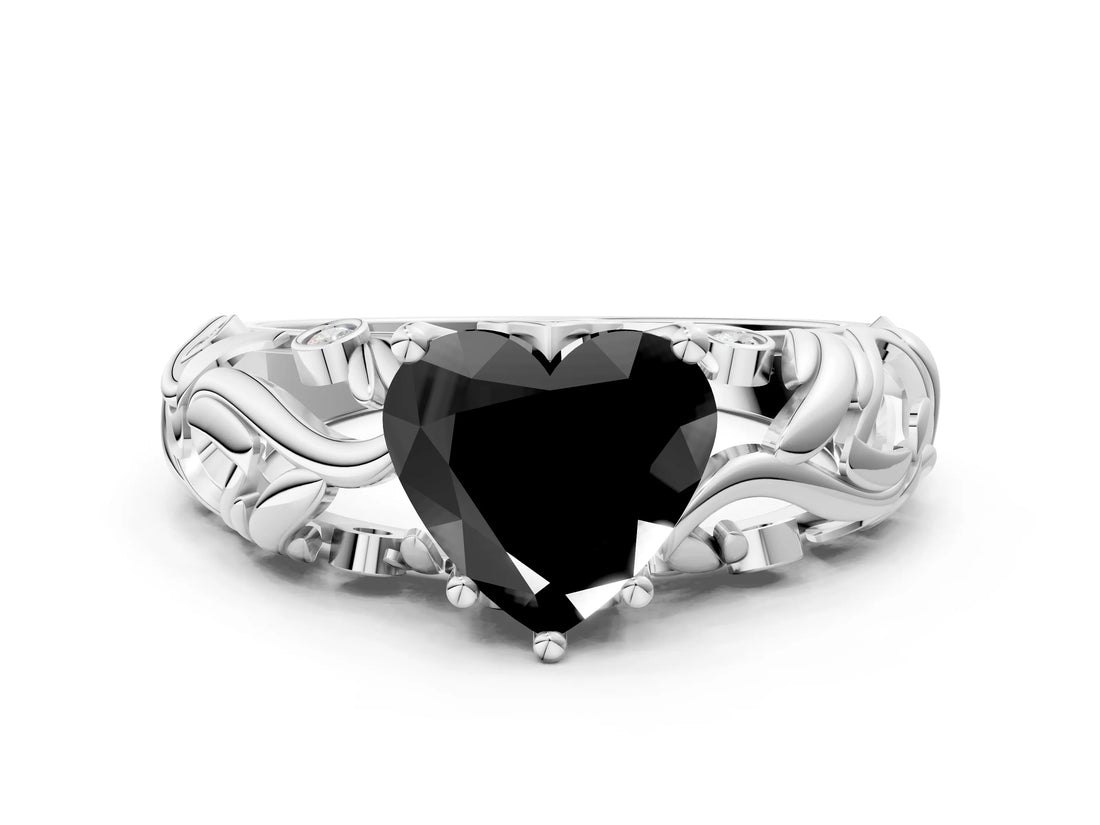 White gold Fancy Black Heart Cut Solitaire Diamond Leaf-Inspired Vine Band Ring with Prong Setting