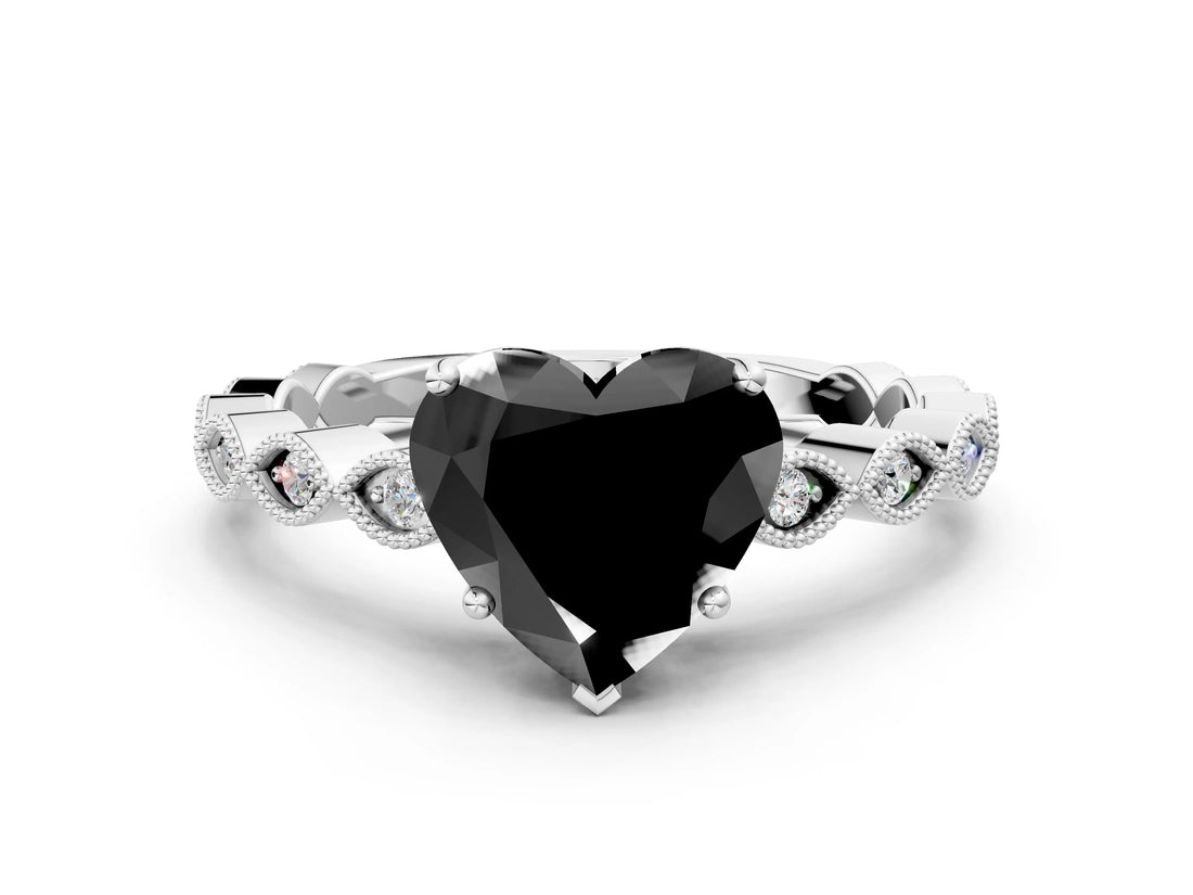 White gold Fancy Black Heart Cut Solitaire Diamond Ring with Infinity Twist Band and Four-Prong Setting