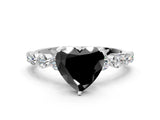 White gold Fancy Black Heart Cut Solitaire Diamond Ring with Pave Band and Four-Prong Setting