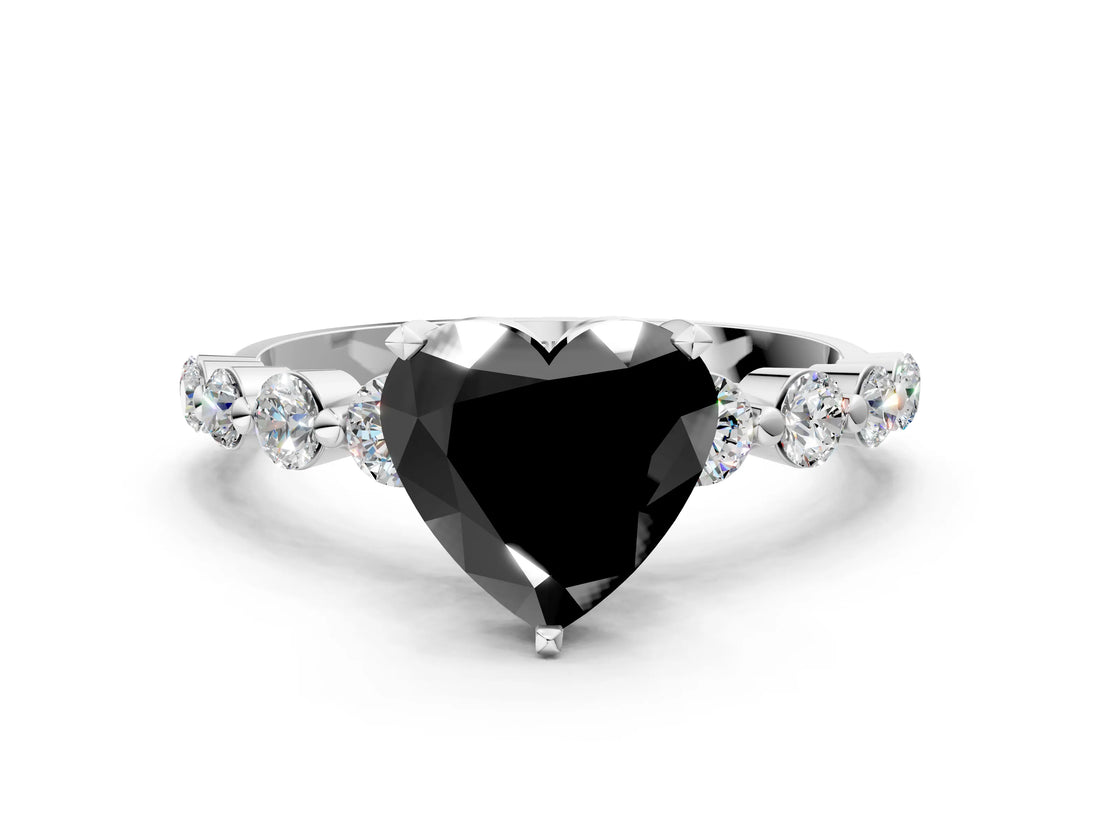 White gold Fancy Black Heart Cut Solitaire Diamond Ring with Pave Band and Four-Prong Setting