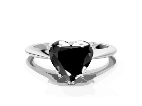 White gold Fancy Black Heart Cut Solitaire Diamond Ring with Six-Prong Setting and Classic Band