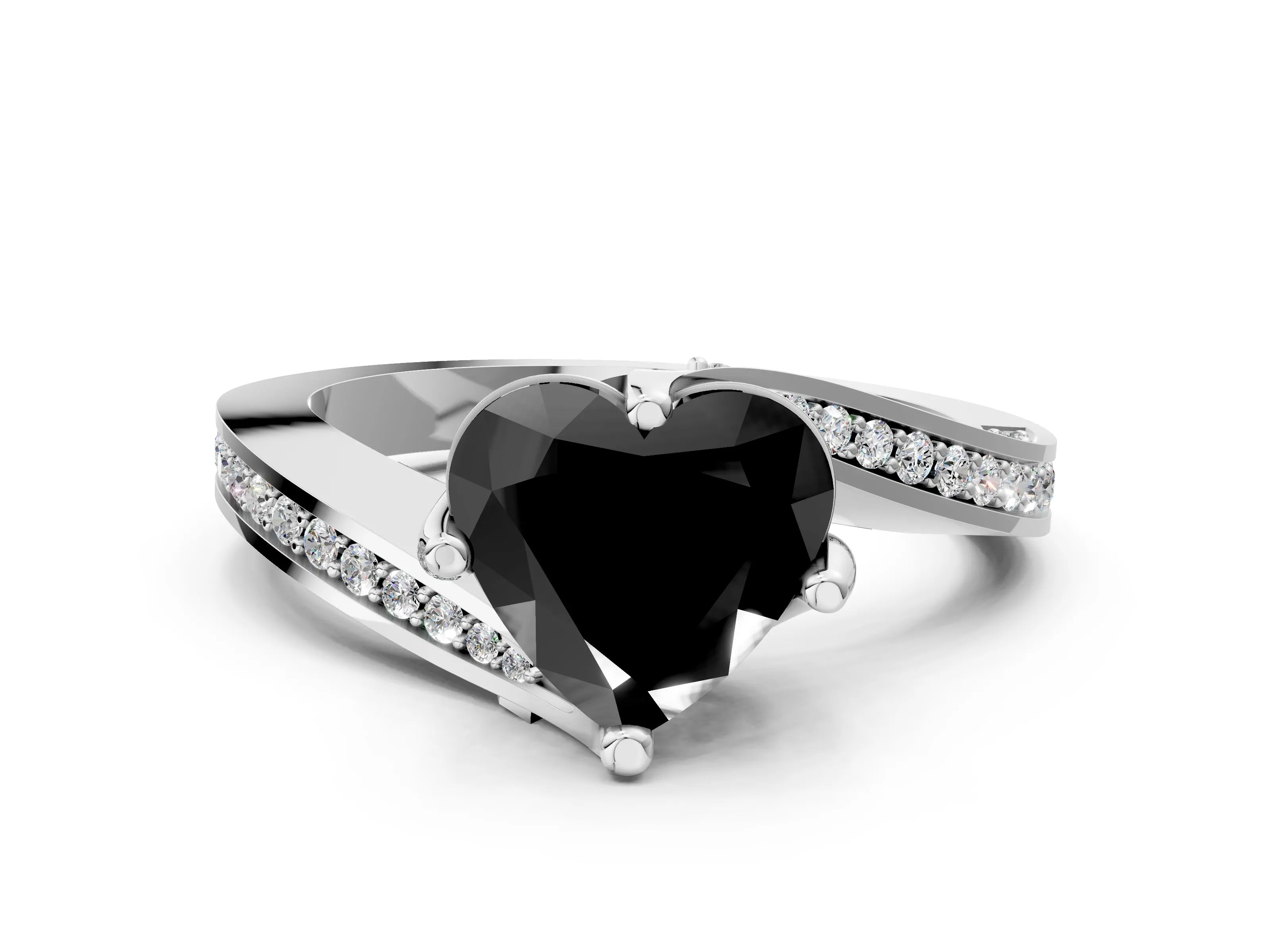 White gold Fancy Black Heart Cut Solitaire Diamond Twist Band with Pavé Setting and Four-Prong Setting_12