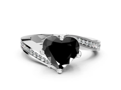 White gold Fancy Black Heart Cut Solitaire Diamond Twist Band with Pavé Setting and Four-Prong Setting_12