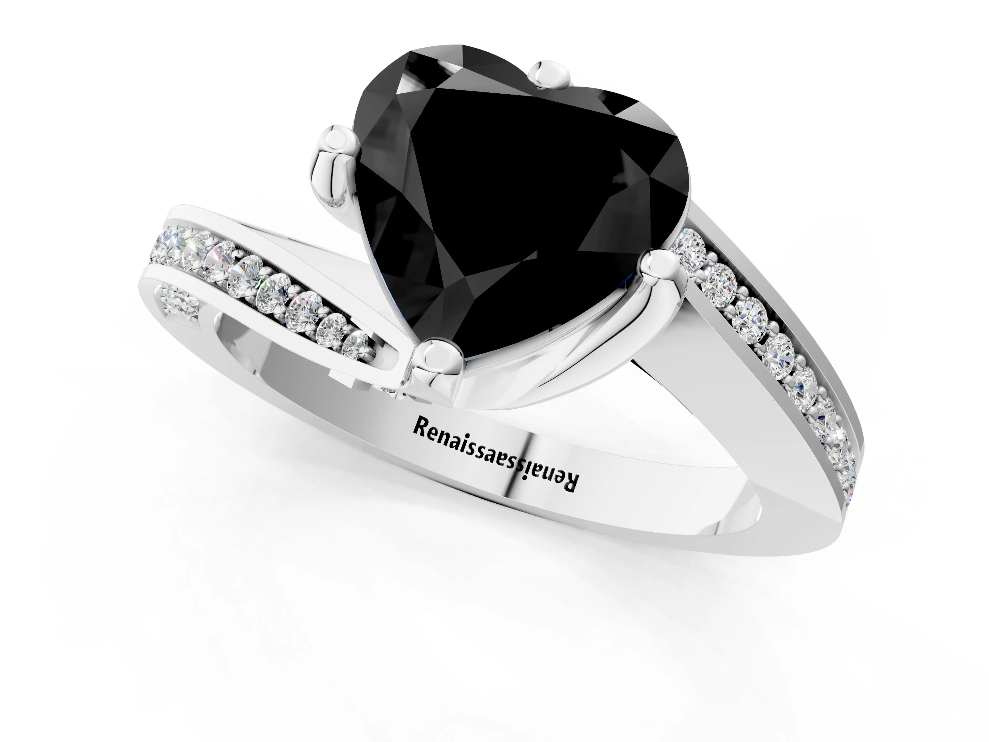 White gold Fancy Black Heart Cut Solitaire Diamond Twist Band with Pavé Setting and Four-Prong Setting_13