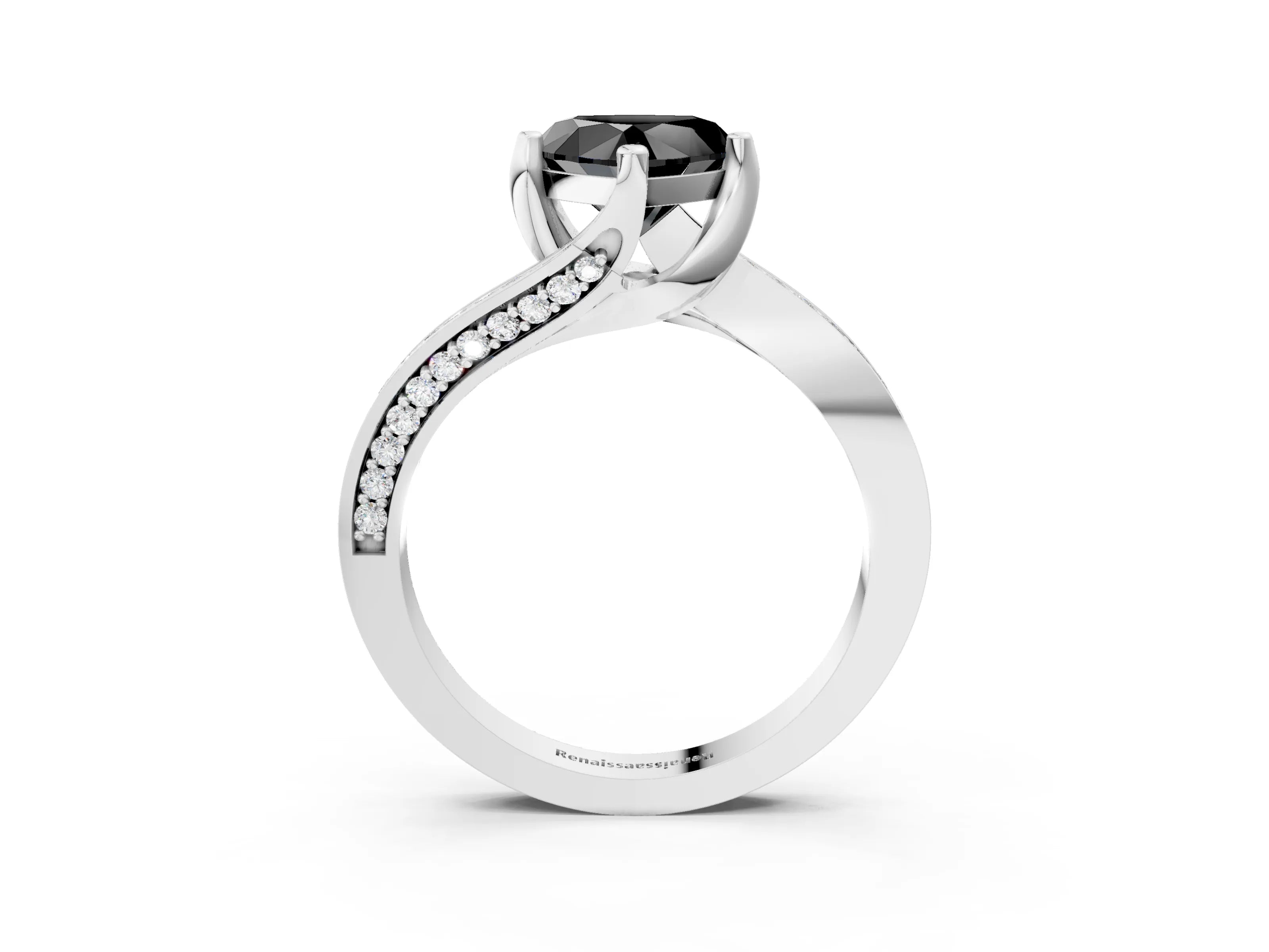 White gold Fancy Black Heart Cut Solitaire Diamond Twist Band with Pavé Setting and Four-Prong Setting_15
