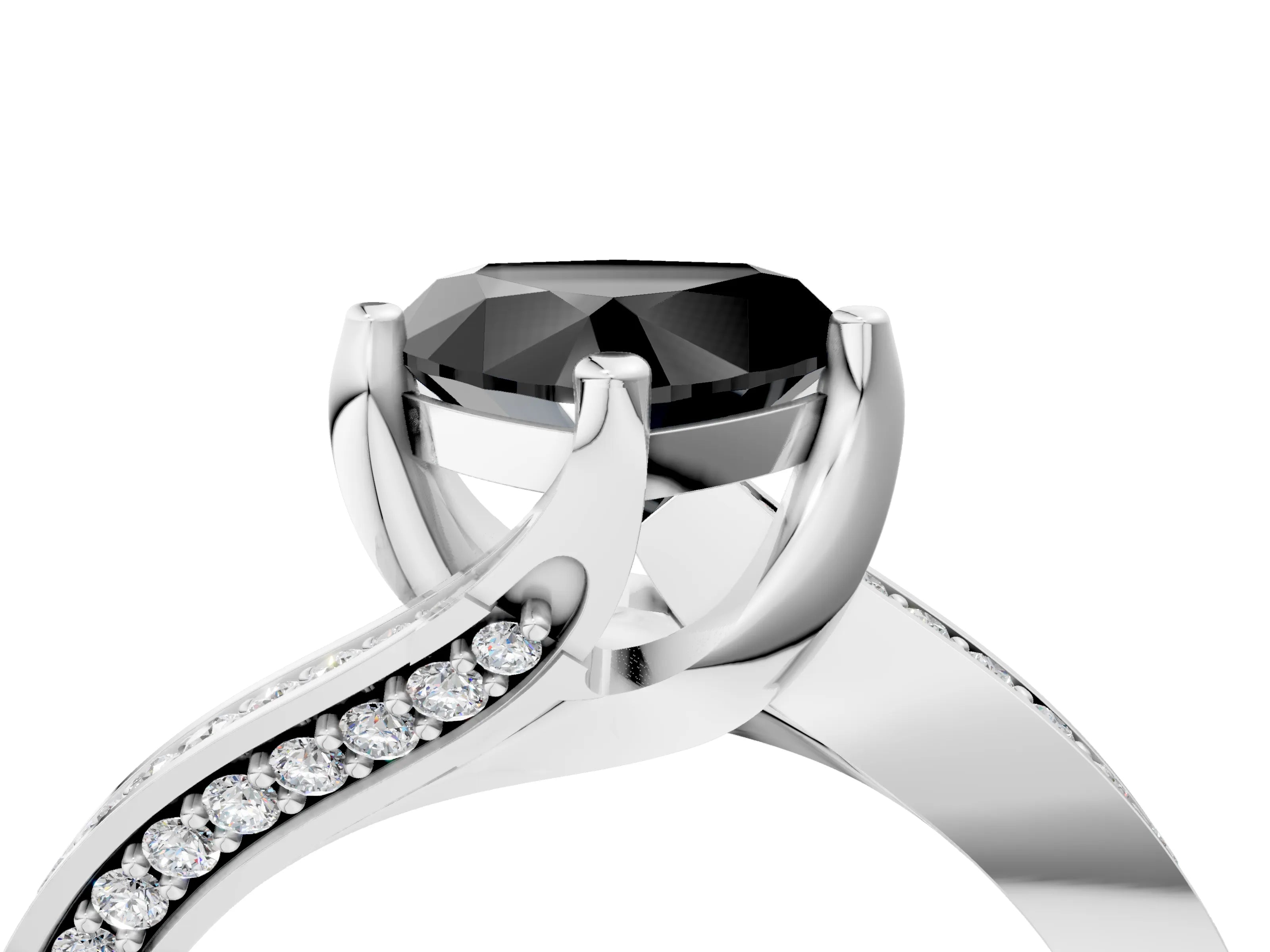 White gold Fancy Black Heart Cut Solitaire Diamond Twist Band with Pavé Setting and Four-Prong Setting_16