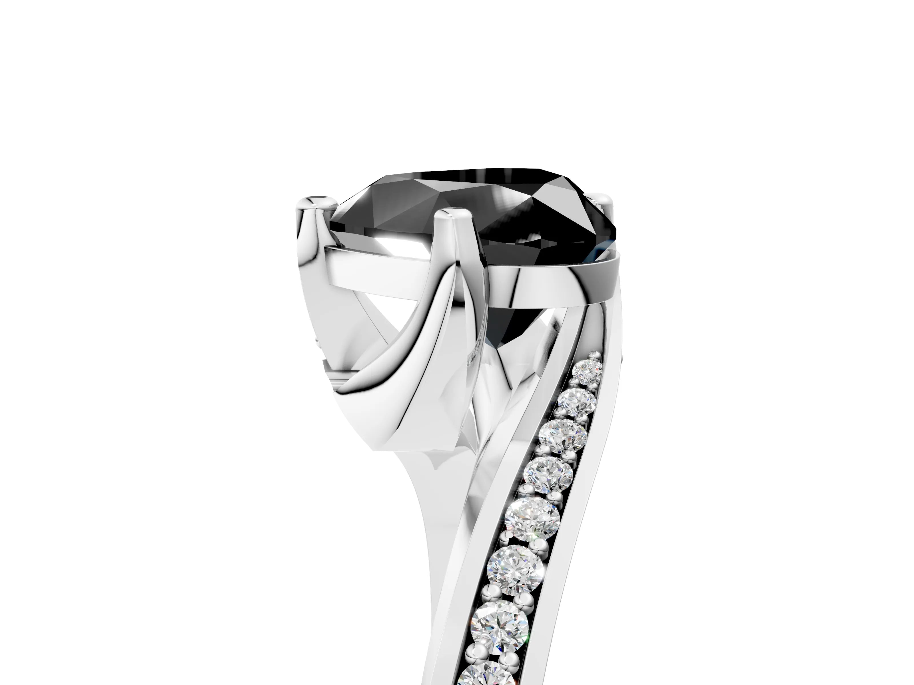 White gold Fancy Black Heart Cut Solitaire Diamond Twist Band with Pavé Setting and Four-Prong Setting_17