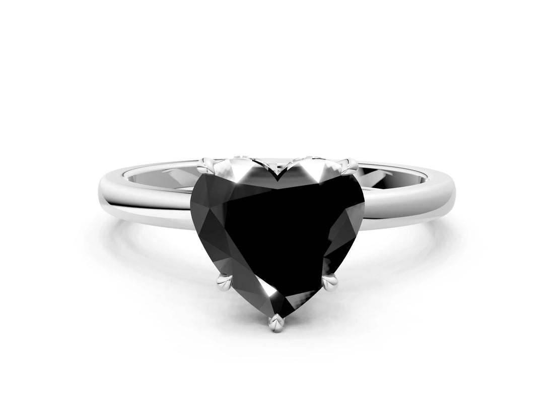 White gold Fancy Black Heart Cut Solitaire Engagement Ring with Cathedral Band and Four-Prong Setting
