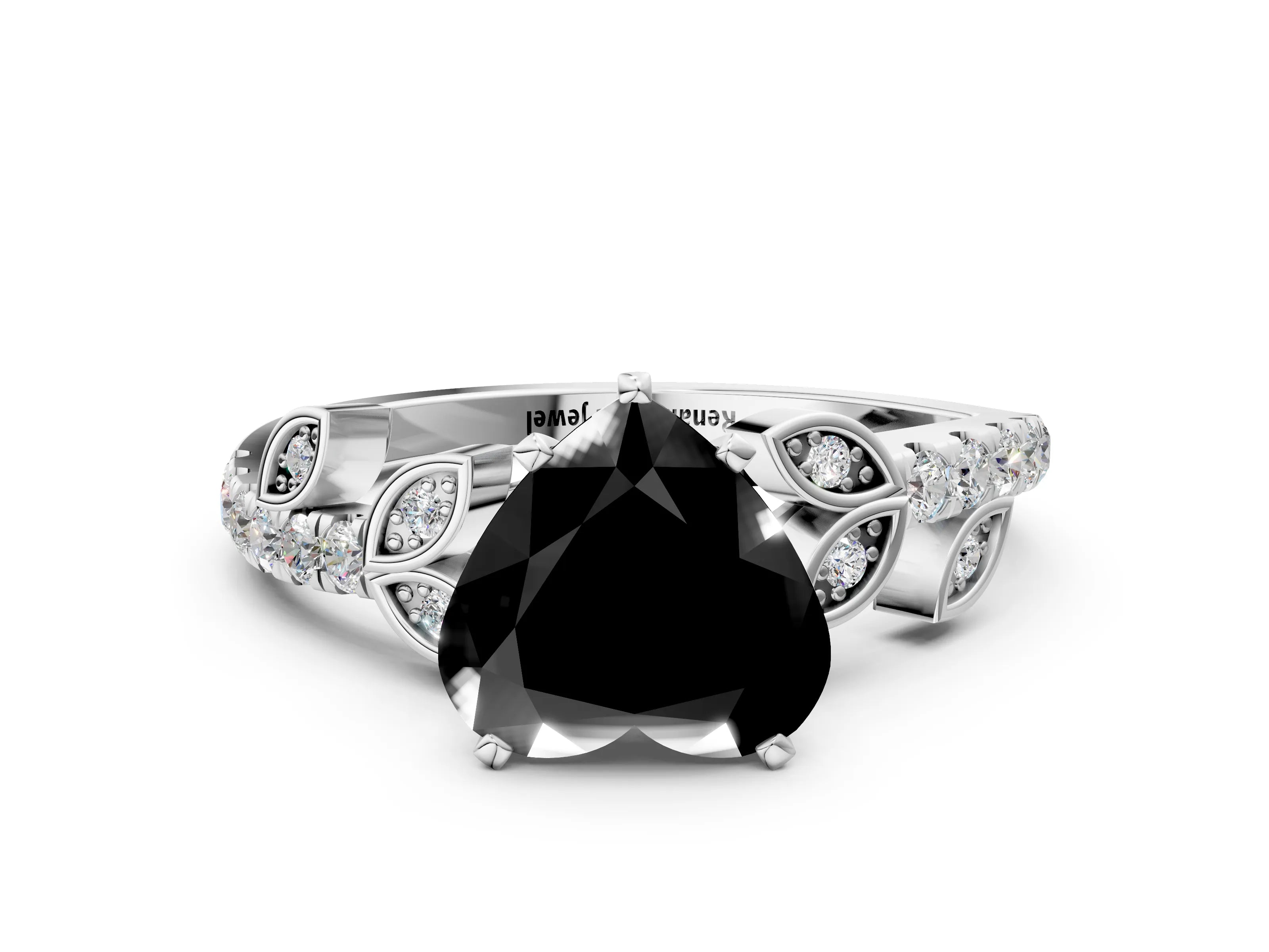 White gold Fancy Black Heart Cut Solitaire Leaf-Inspired Diamond Ring with Pavé Band and Four-Prong Setting_12