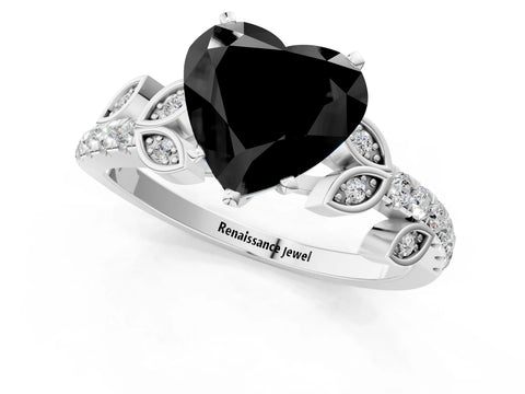 White gold Fancy Black Heart Cut Solitaire Leaf-Inspired Diamond Ring with Pavé Band and Four-Prong Setting_13