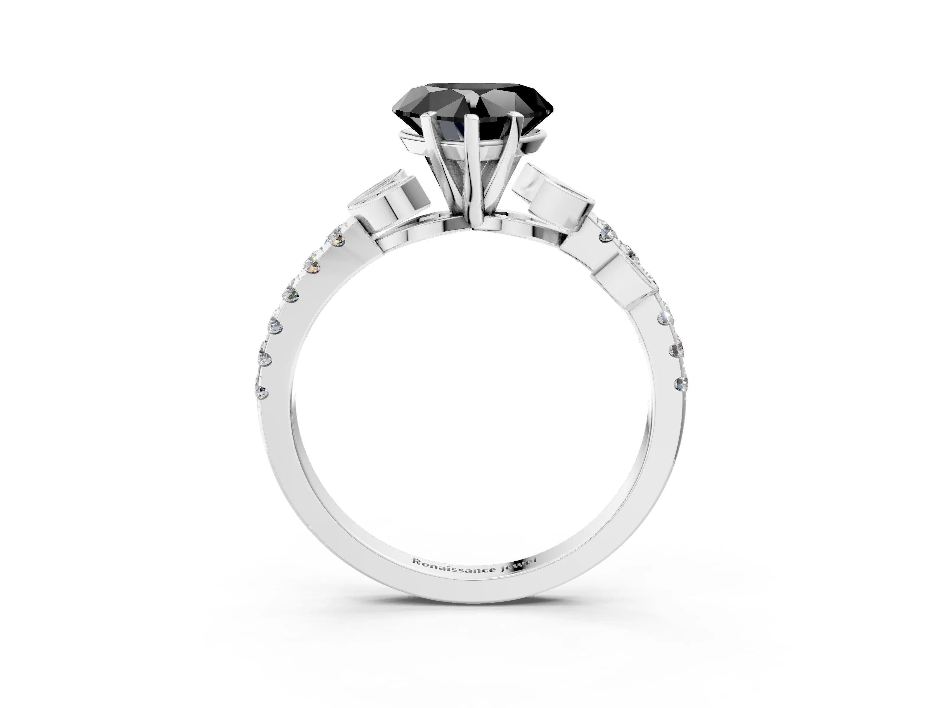 White gold Fancy Black Heart Cut Solitaire Leaf-Inspired Diamond Ring with Pavé Band and Four-Prong Setting_15