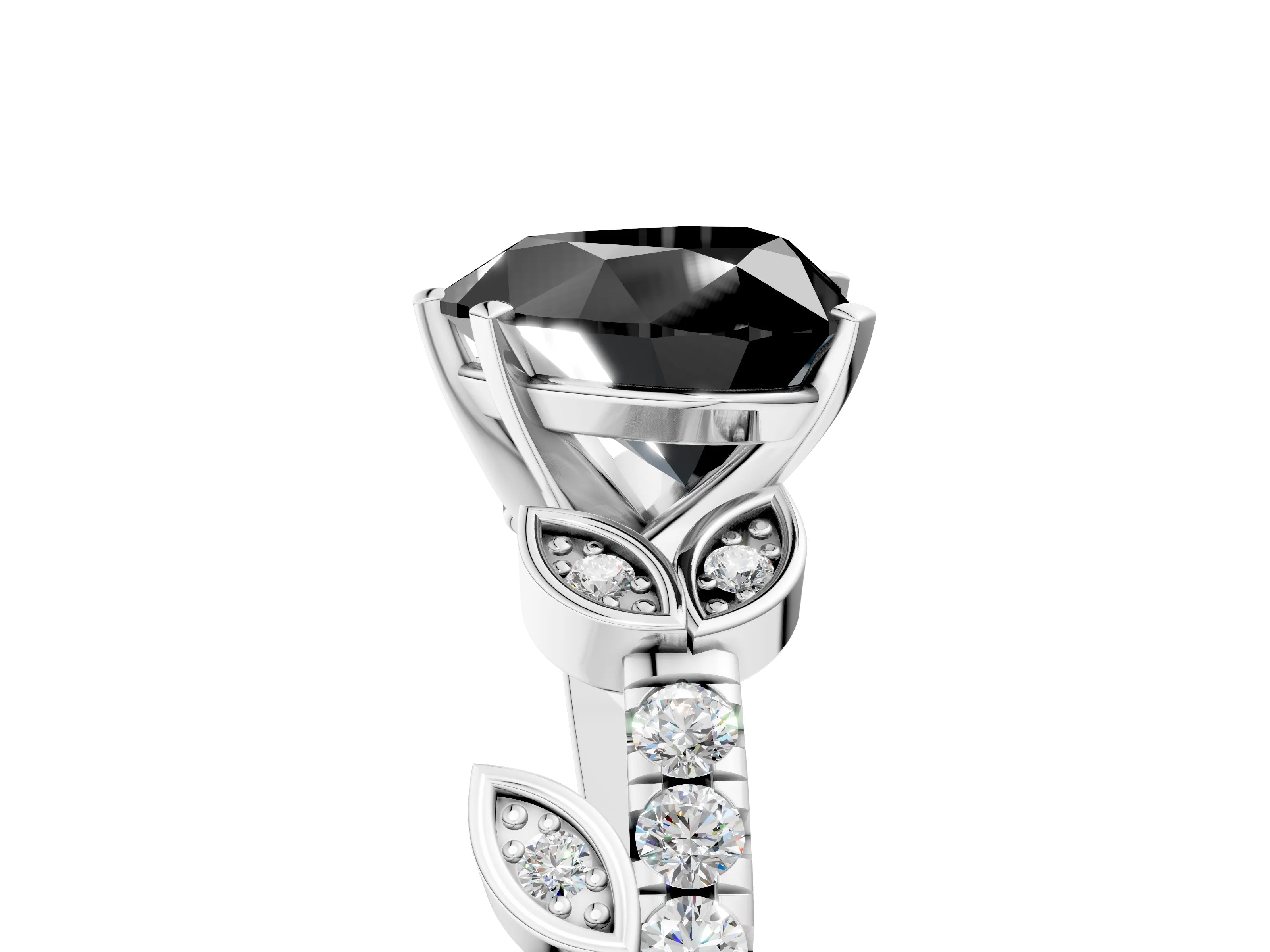 White gold Fancy Black Heart Cut Solitaire Leaf-Inspired Diamond Ring with Pavé Band and Four-Prong Setting_17