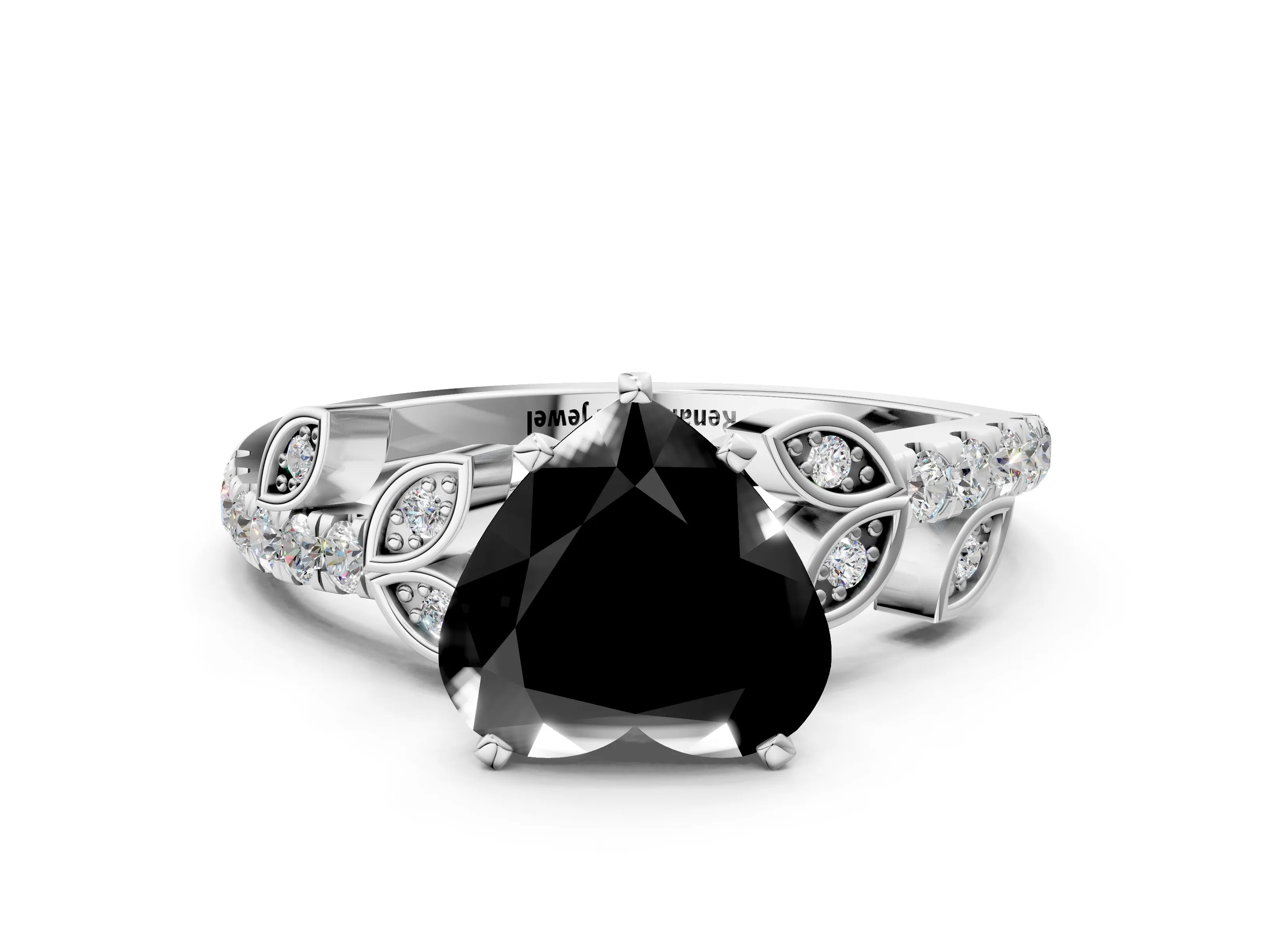 White gold Fancy Black Heart Cut Solitaire Leaf-Inspired Diamond Ring with Pavé Band and Four-Prong Setting_24