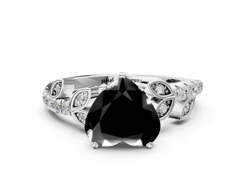 White gold Fancy Black Heart Cut Solitaire Leaf-Inspired Diamond Ring with Pavé Band and Four-Prong Setting_24