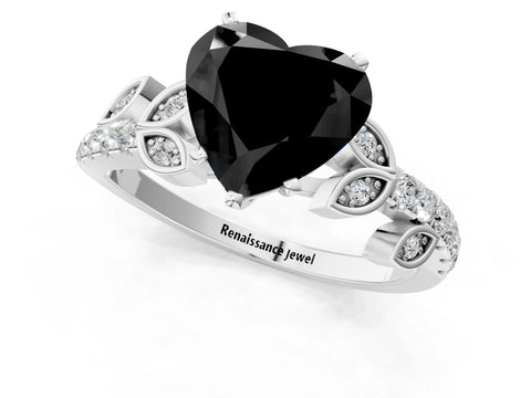 White gold Fancy Black Heart Cut Solitaire Leaf-Inspired Diamond Ring with Pavé Band and Four-Prong Setting_25