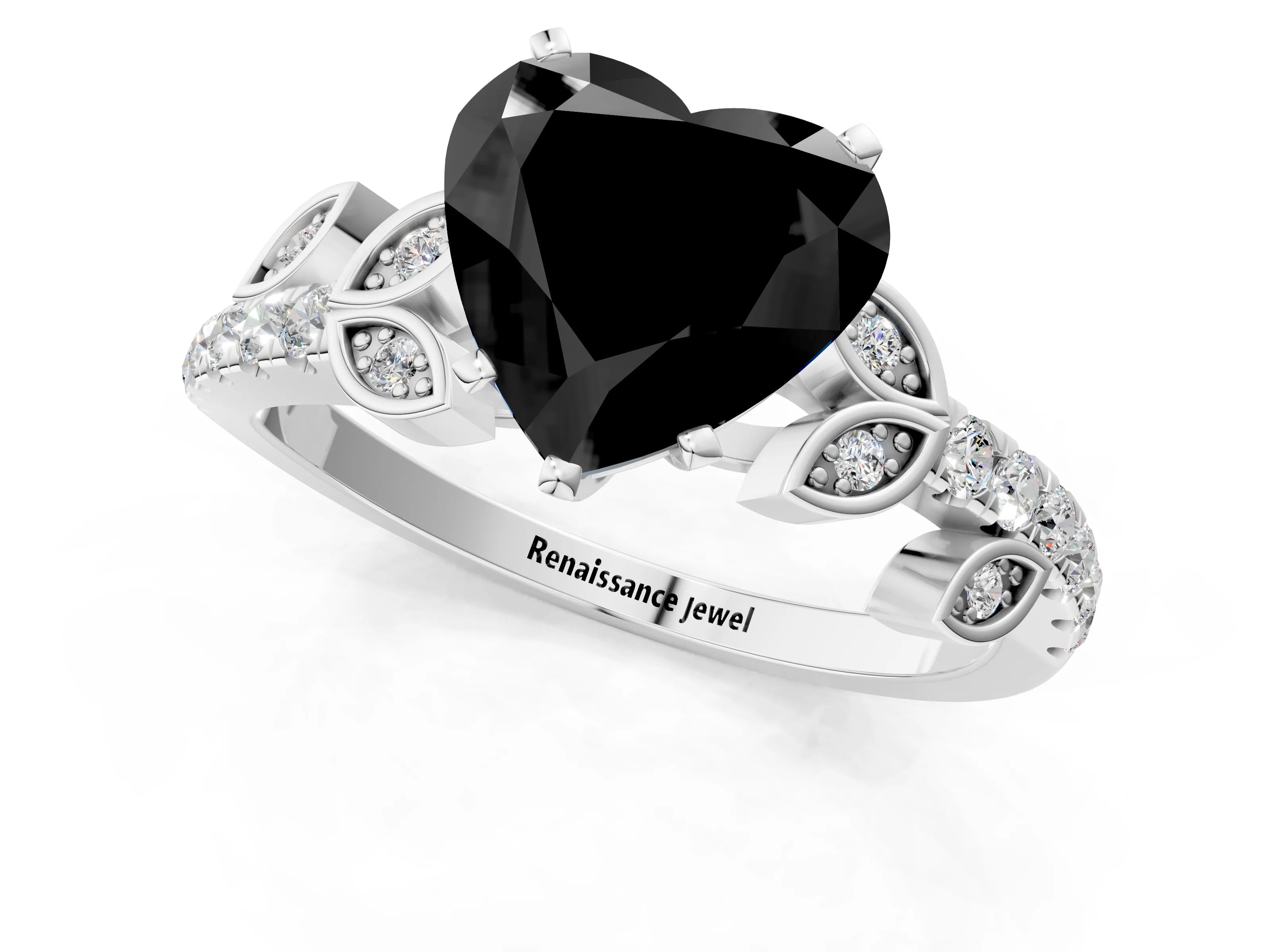 White gold Fancy Black Heart Cut Solitaire Leaf-Inspired Diamond Ring with Pavé Band and Four-Prong Setting_25