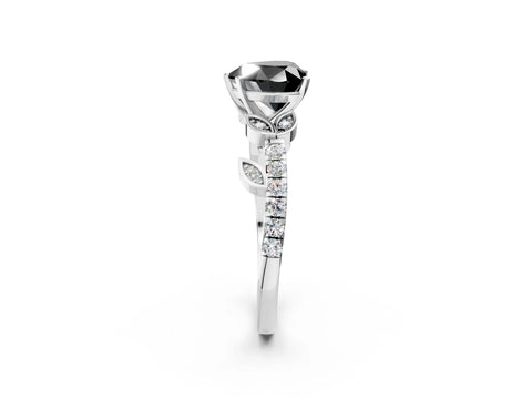 White gold Fancy Black Heart Cut Solitaire Leaf-Inspired Diamond Ring with Pavé Band and Four-Prong Setting_26