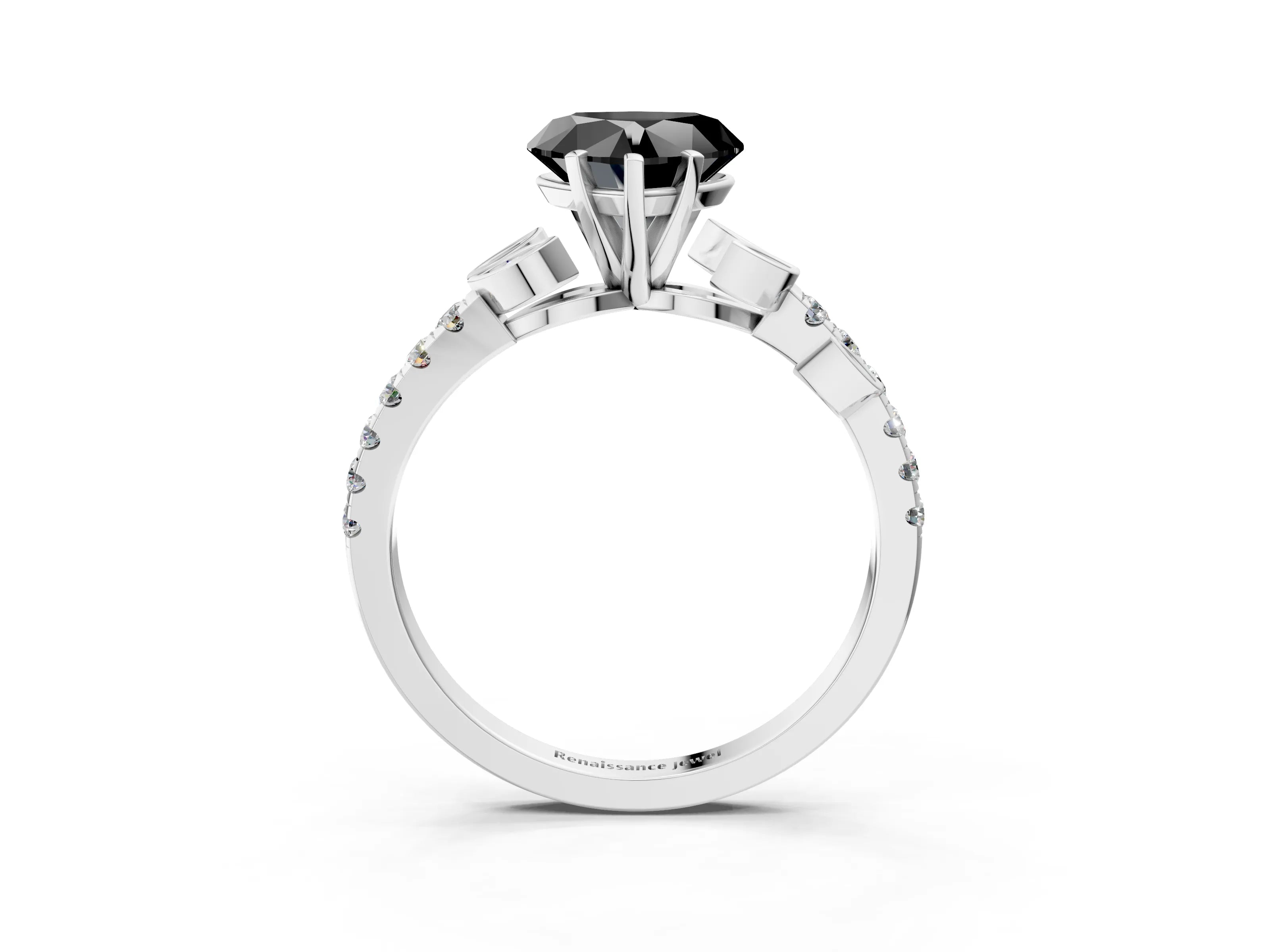 White gold Fancy Black Heart Cut Solitaire Leaf-Inspired Diamond Ring with Pavé Band and Four-Prong Setting_27