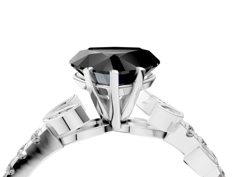 White gold Fancy Black Heart Cut Solitaire Leaf-Inspired Diamond Ring with Pavé Band and Four-Prong Setting_28