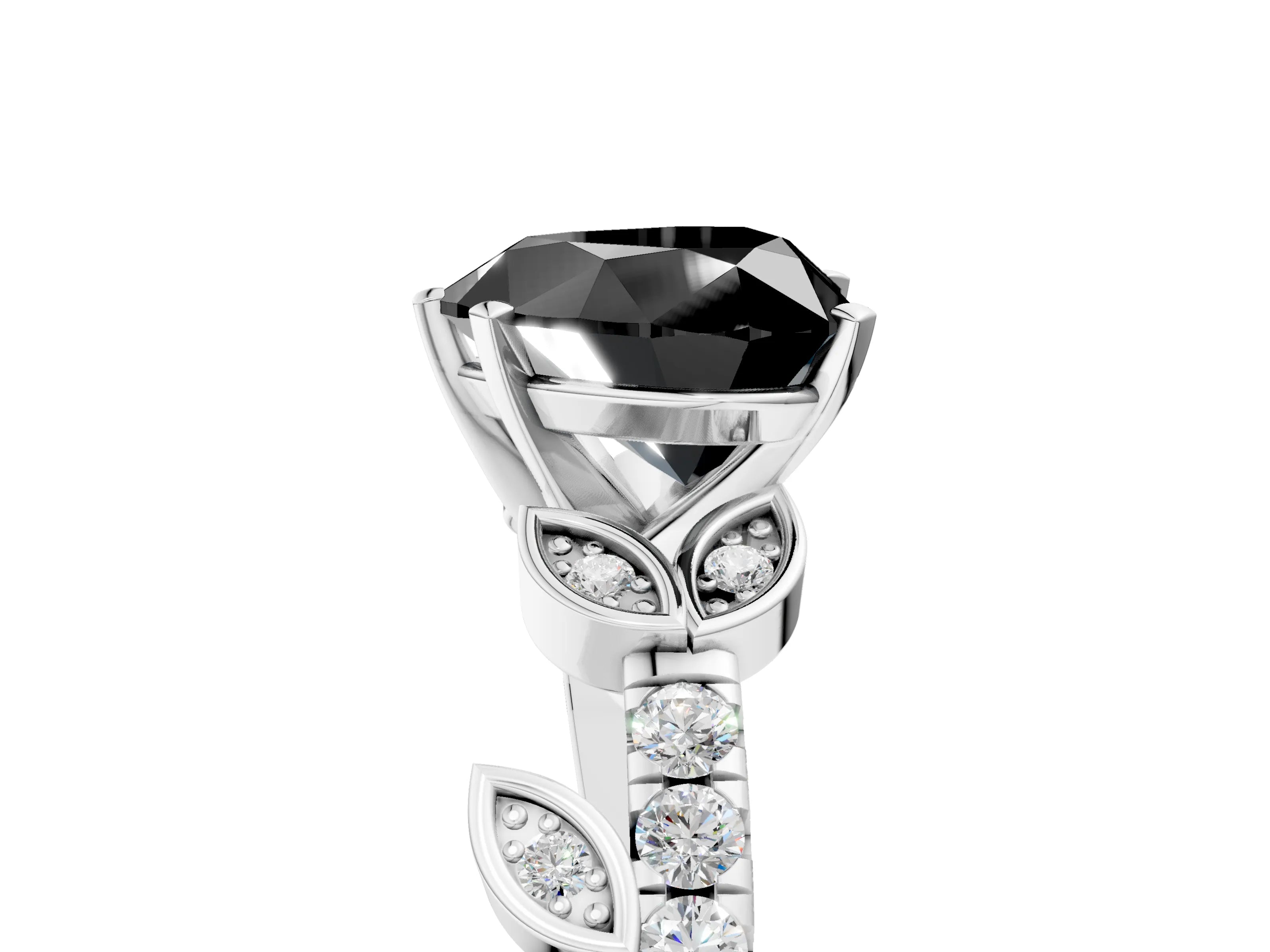 White gold Fancy Black Heart Cut Solitaire Leaf-Inspired Diamond Ring with Pavé Band and Four-Prong Setting_29