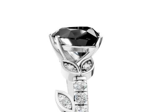 White gold Fancy Black Heart Cut Solitaire Leaf-Inspired Diamond Ring with Pavé Band and Four-Prong Setting_29