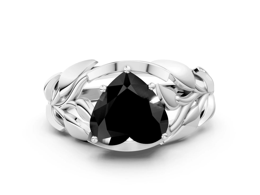 White gold Fancy Black Heart Cut Solitaire Leaf-Inspired Engagement Ring with Prong Setting_12