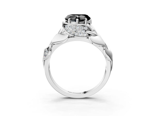 Sterling Silver Heart-Shaped Pave Leaf Bypass Engagement Ring Setting for Black Center